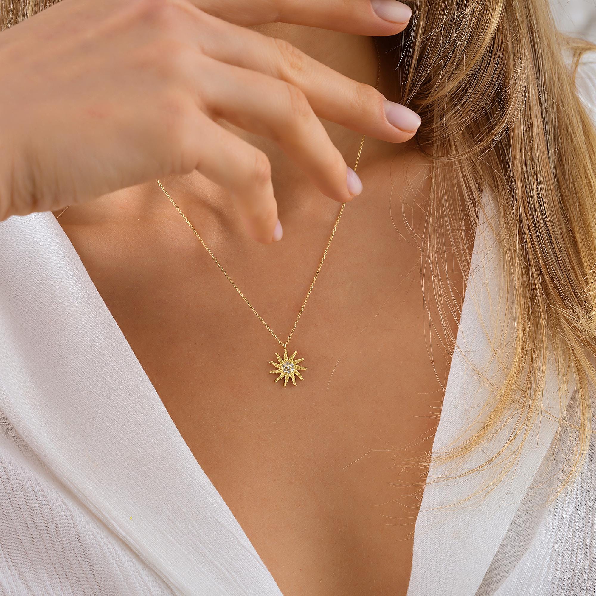 14K Solid Gold Sun Necklace, Dainty Celestial Pendant