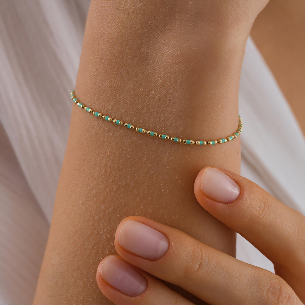14K Solid Gold Beaded Bracelet, Handmade Red Emaye Chain Jewelry, Colored Beaded Chain