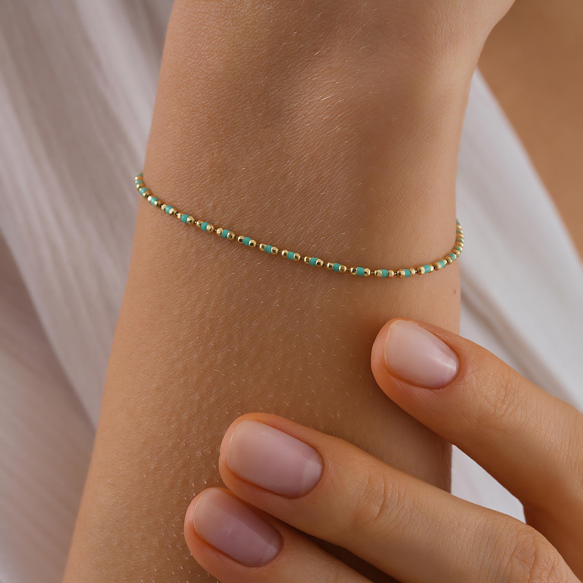 14K Solid Gold Beaded Bracelet, Handmade Red Emaye Chain Jewelry, Colored Beaded Chain