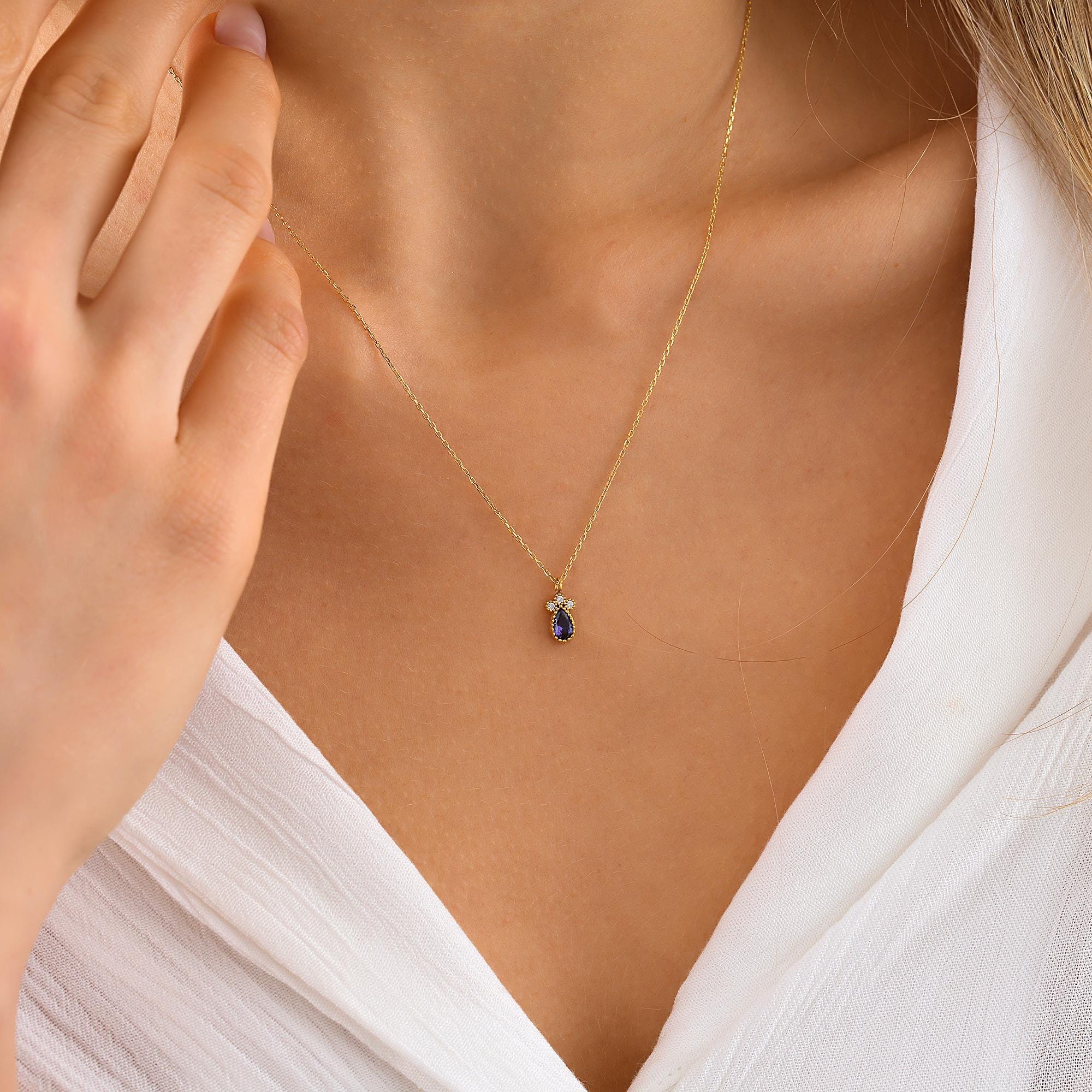 14K Real Gold Sapphire Necklace, Dainty Teardrop Pendant