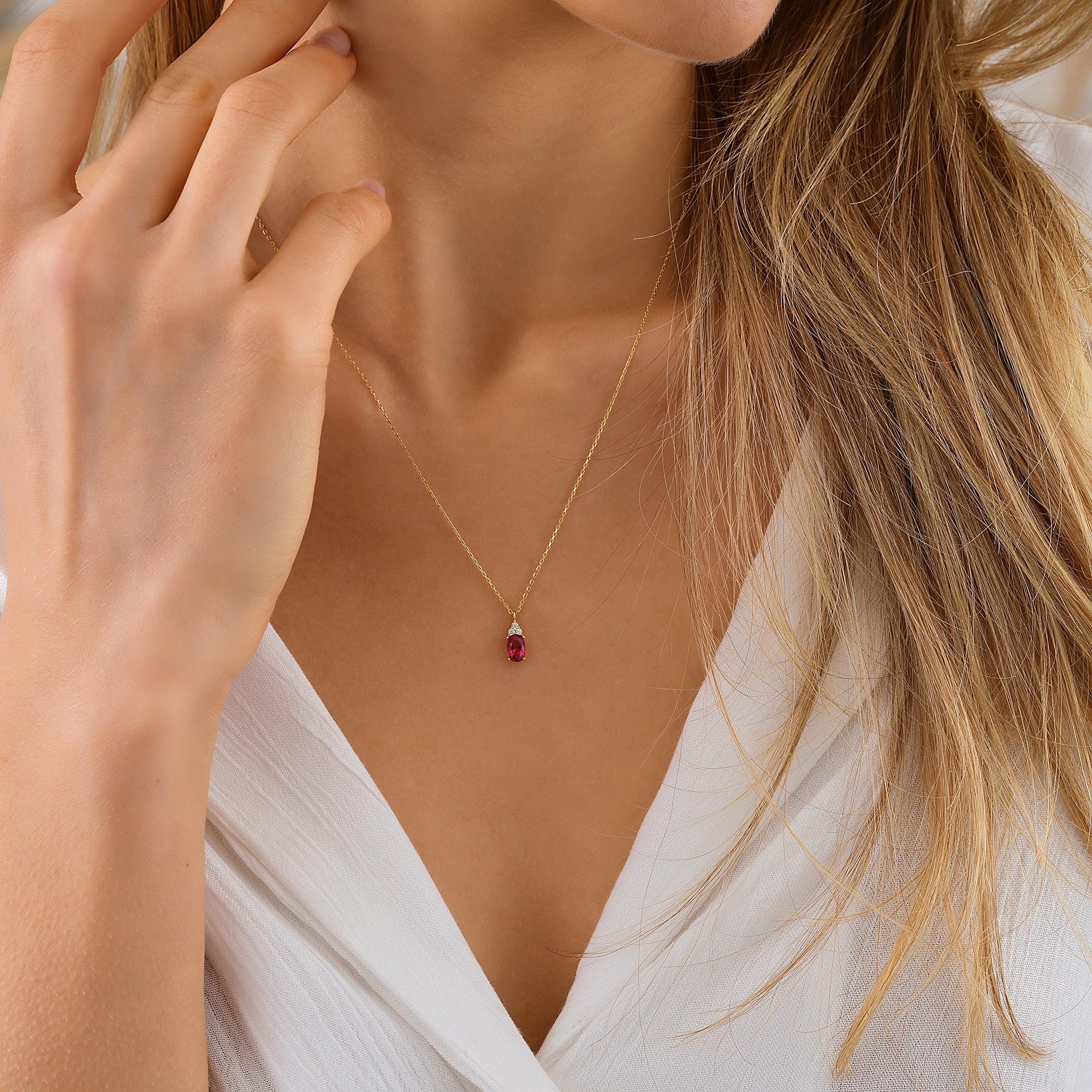 10K 14K Solid Gold Ruby Necklace, Minimalist Ruby Pendant, Birthday Gift