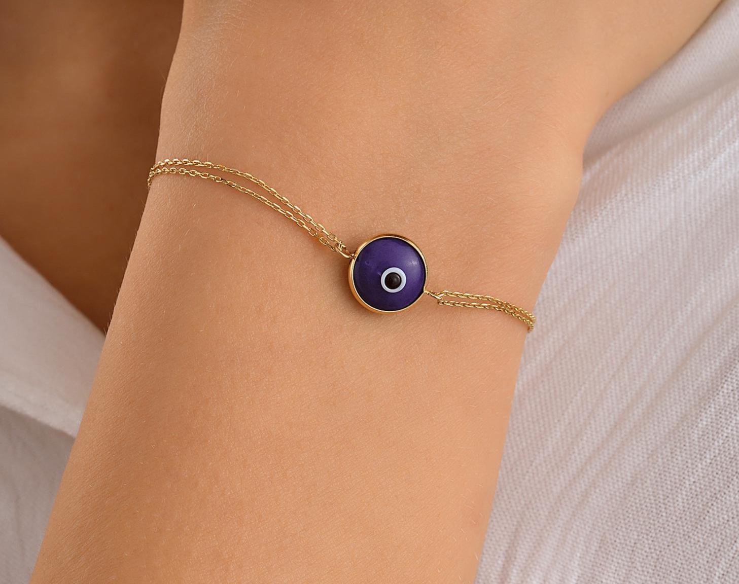 Evil Eye Bracelet, 14K Real Gold Evil Eye Bracelet, Sparkly Eye Bracelet, Dainty initial Eye Bracelet, Minimalist Cable Chain Eye Bracelet
