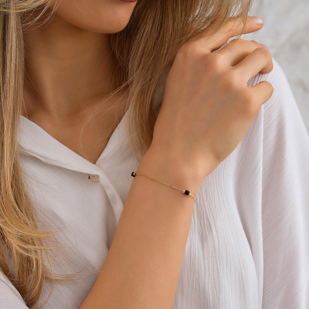 14K Solid Gold Onyx Ball Bracelet, Minimalist Beaded Chain, Birthday Gift