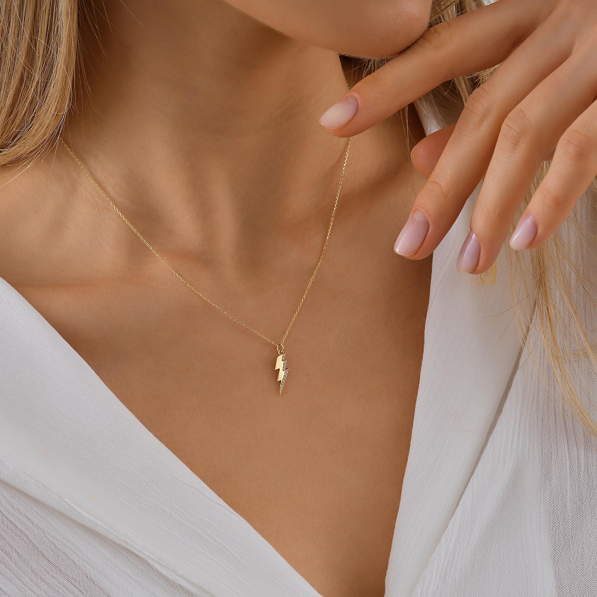 14K Solid Gold Lightning Bolt Necklace, 10K Handmade Celestial Pendant