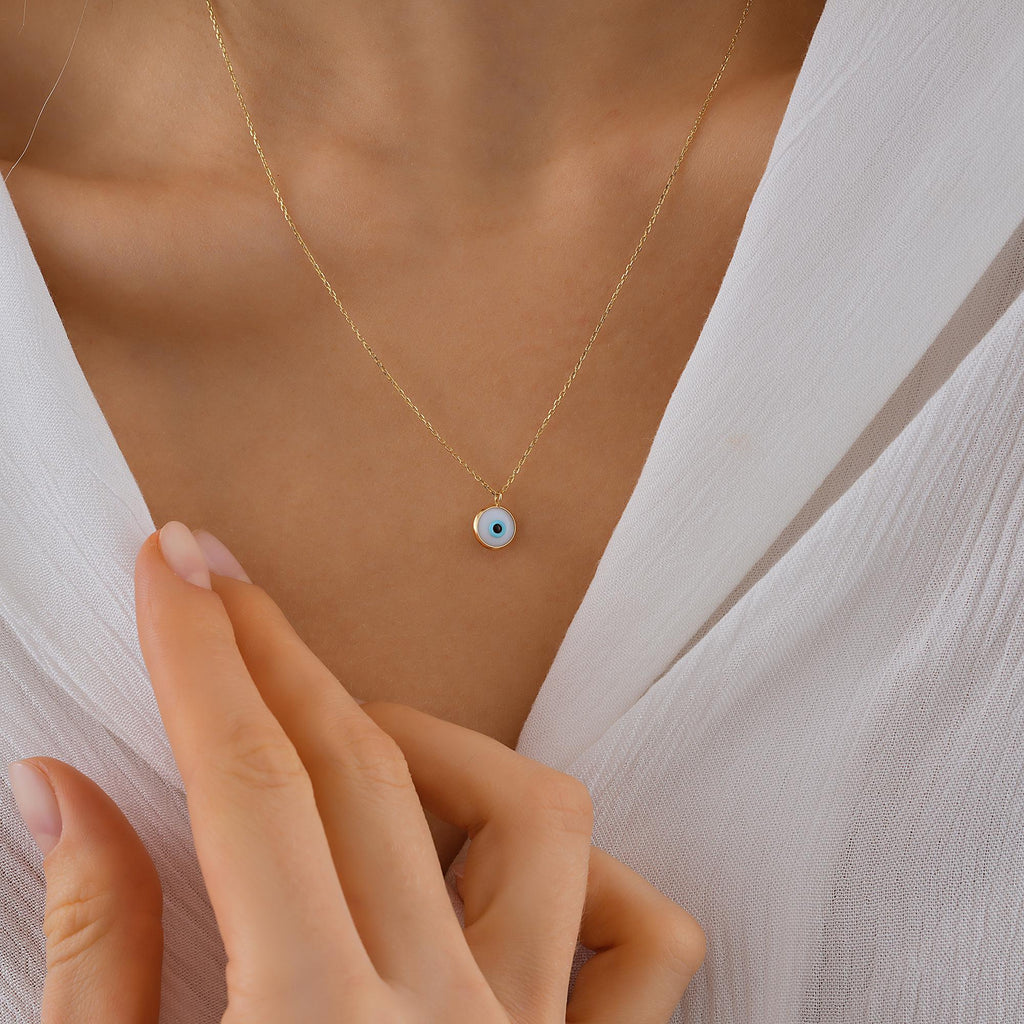 14K Gold Eye Necklace, Tiny Evil Eye Pendant, 14K Real Gold Eye Necklace, Dainty initial Eye Pendant, Summer Jewelry