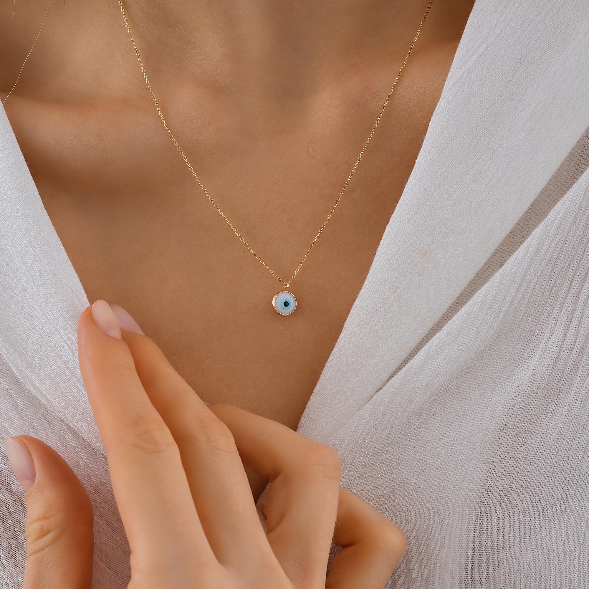 14K Gold Eye Necklace, Tiny Evil Eye Pendant, 14K Real Gold Eye Necklace, Dainty initial Eye Pendant, Summer Jewelry