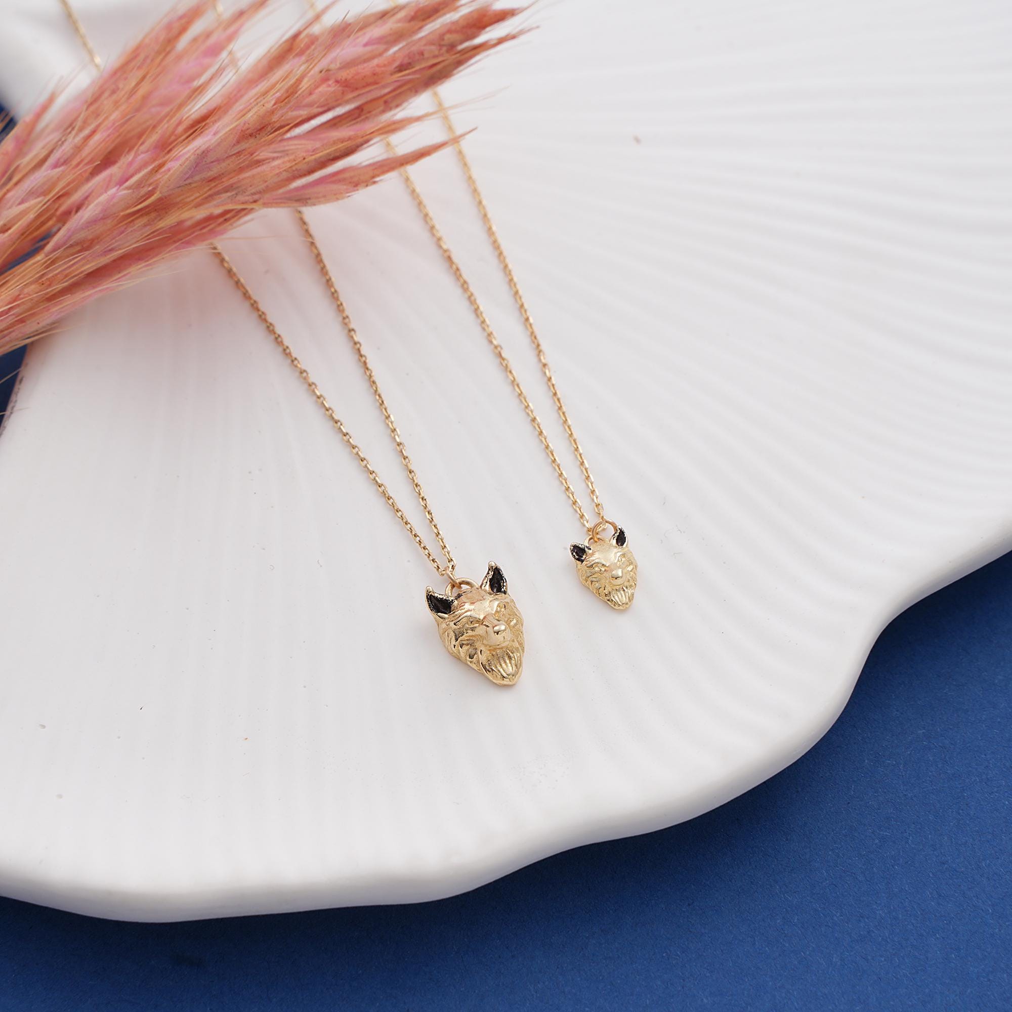 Mountain Wolf Necklace, Dainty initial Animal Pendant, 14K Solid Gold Wolf Head Necklace, 14K Gold Wild Wolf Head Pendant, Summer Jewelry