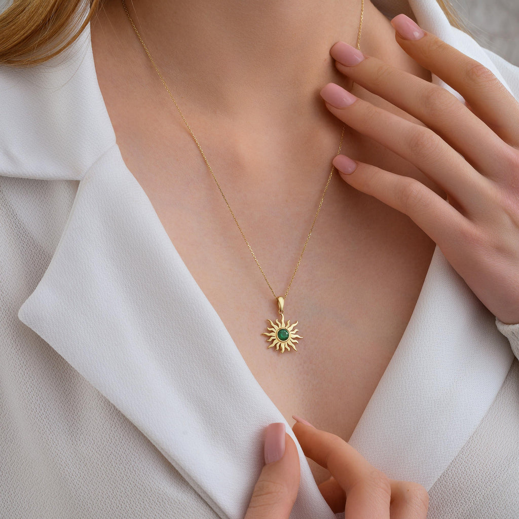 14K Solid Gold Sun Necklace, Dainty Custom Celestial Jewelry, Minimalist initial Emerald Sun Pendant
