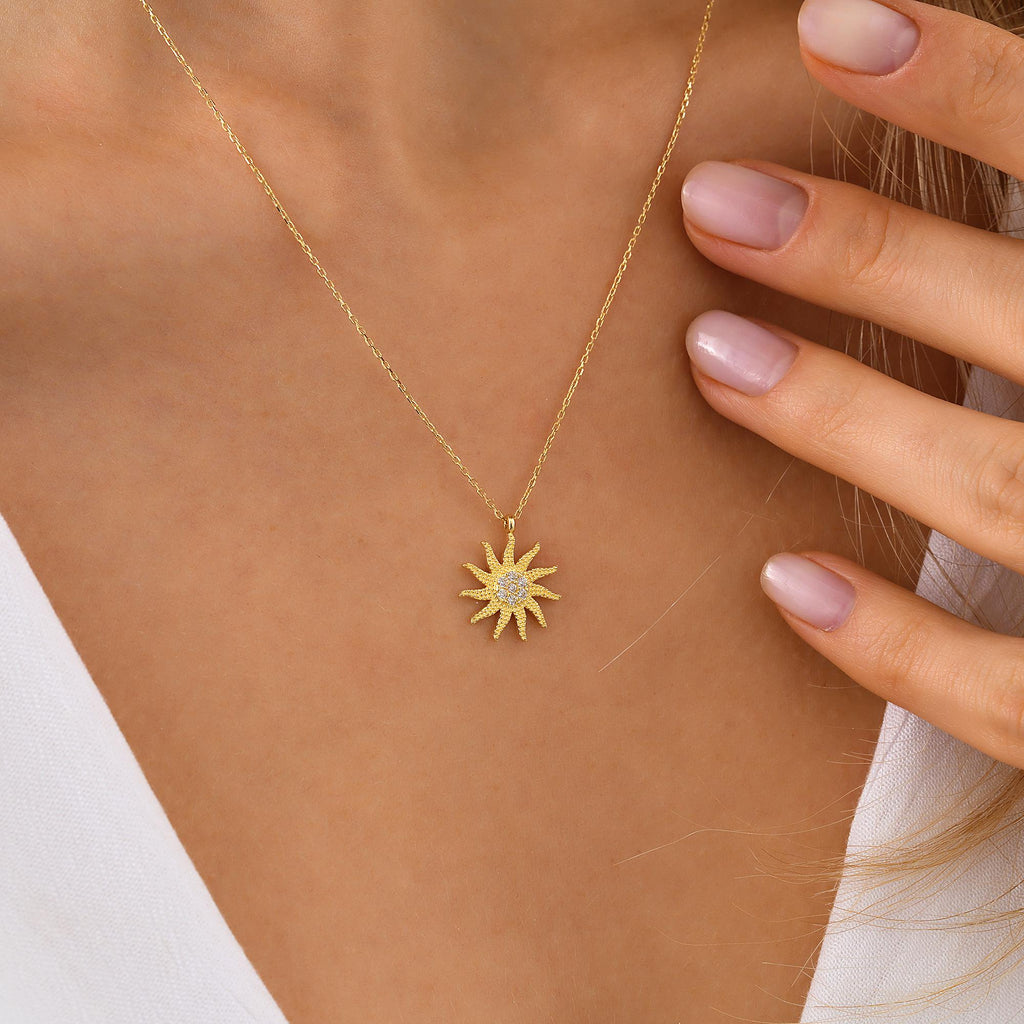 14K Solid Gold Sun Necklace, Dainty Celestial Pendant