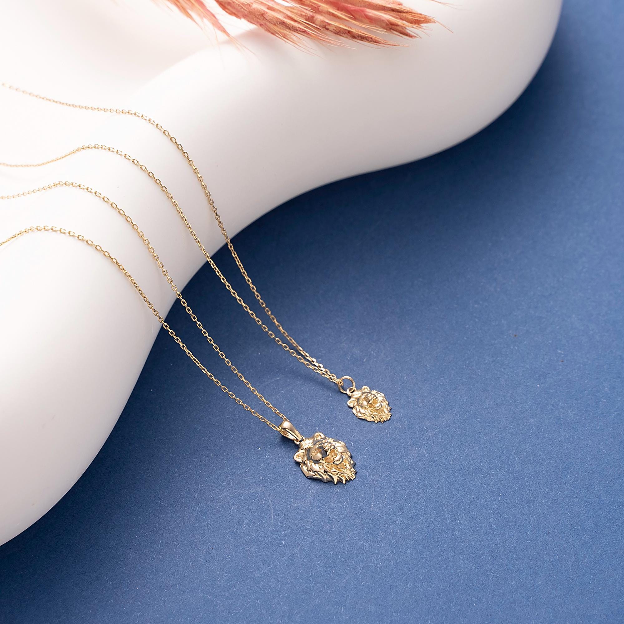 Tiny Lion Head Necklace, Dainty initial Animal Pendant, 14K Solid Gold Lion Necklace, Yellow 14K Gold Lion Head Pendant, Birthday Gift