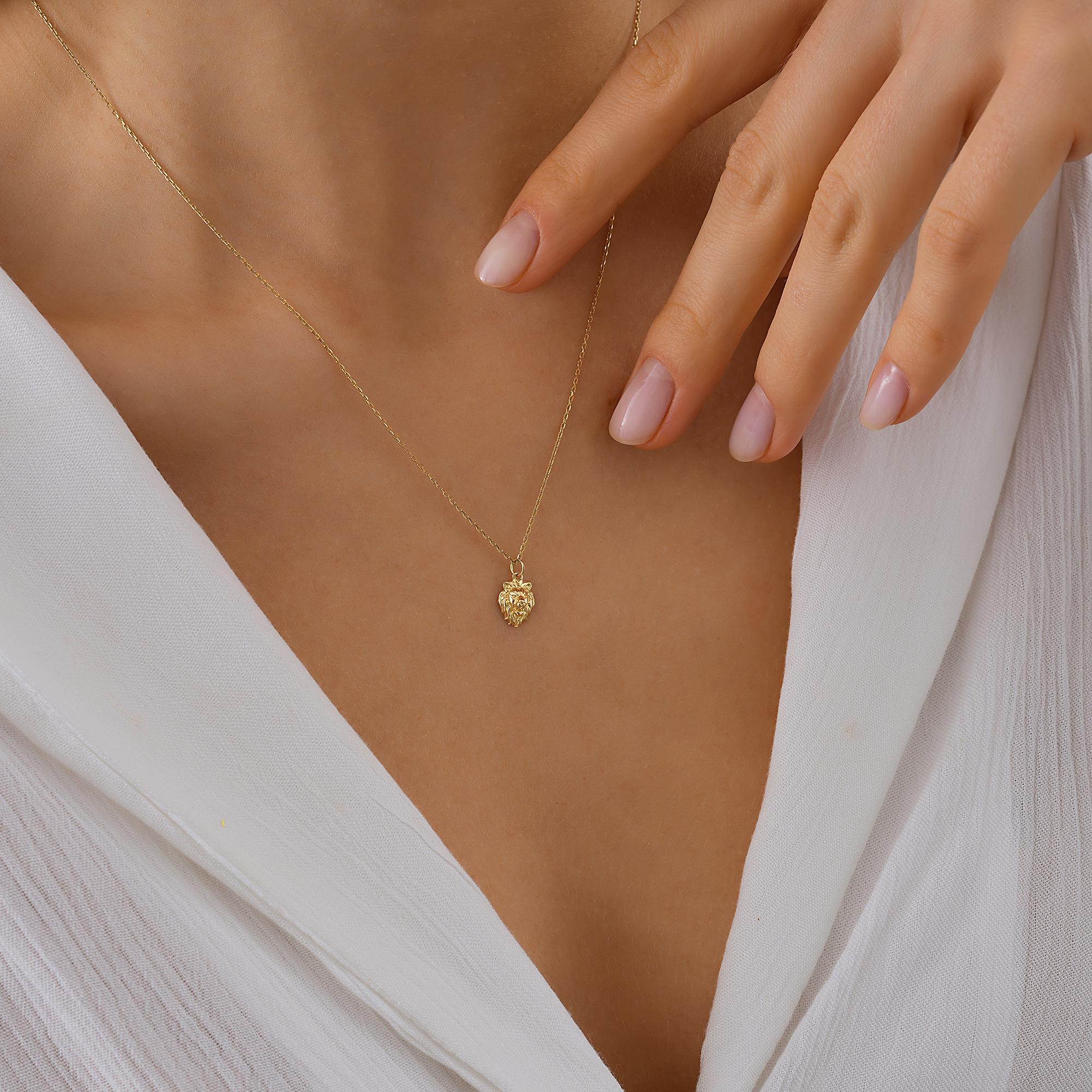 Tiny Lion Head Necklace, Dainty initial Animal Pendant, 14K Solid Gold Lion Necklace, Yellow 14K Gold Lion Head Pendant, Birthday Gift