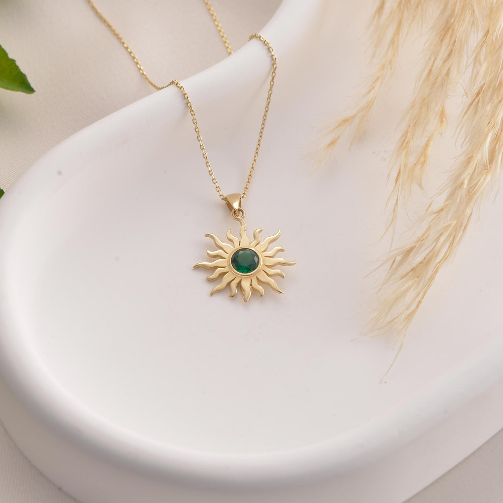 14K Solid Gold Sun Necklace, Dainty Custom Celestial Jewelry, Minimalist initial Emerald Sun Pendant