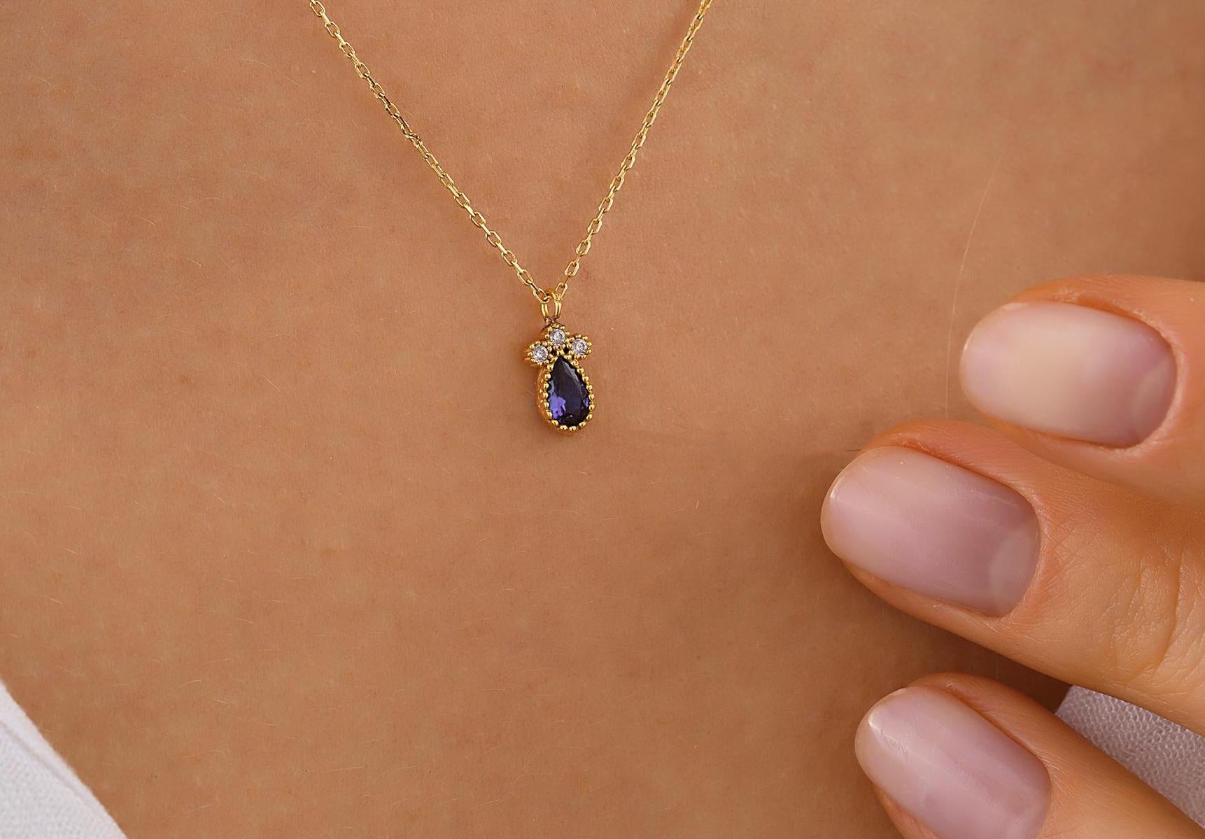 14K Real Gold Sapphire Necklace, Dainty Teardrop Pendant