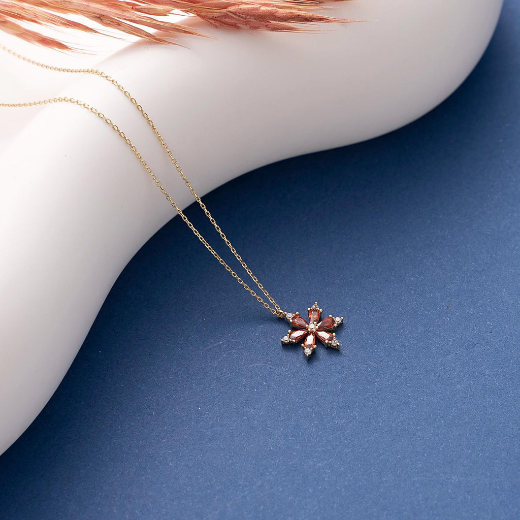 14K Solid Gold Ruby Flower Pendant Necklace, 10K Dainty Initial Jewelry