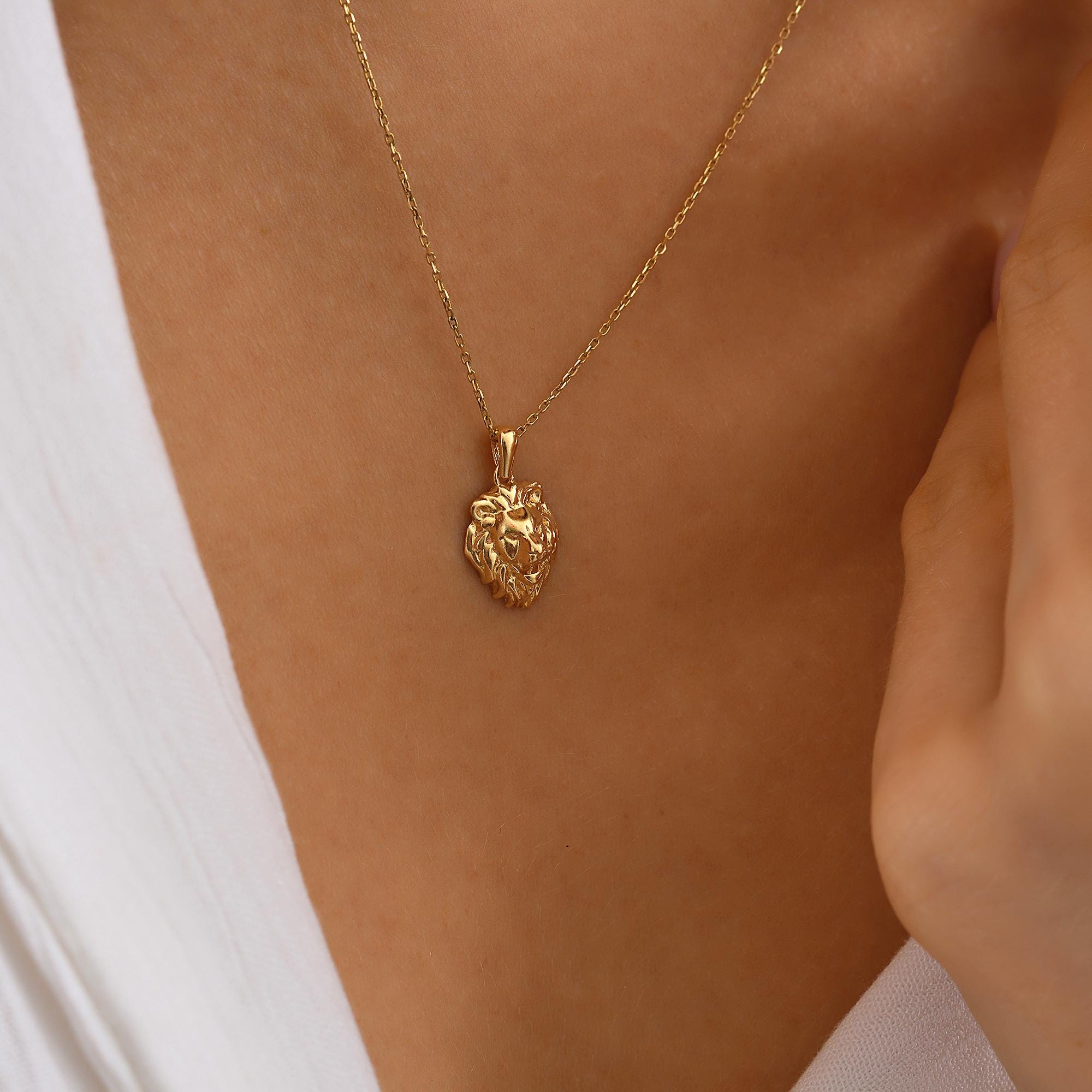 Tiny Lion Head Necklace, Dainty initial Animal Pendant, 14K Solid Gold Lion Necklace, Yellow 14K Gold Lion Head Pendant, Birthday Gift