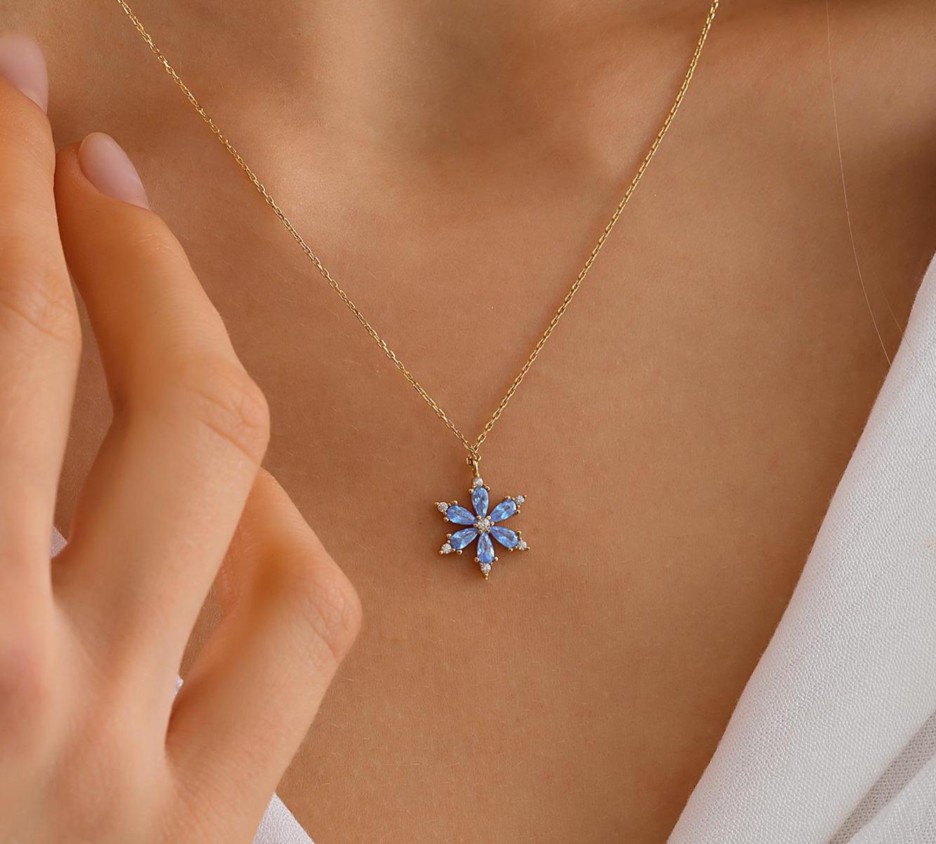 10K 14K Solid Gold Aquamarine Flower Necklace, Dainty initial Floral Pendant
