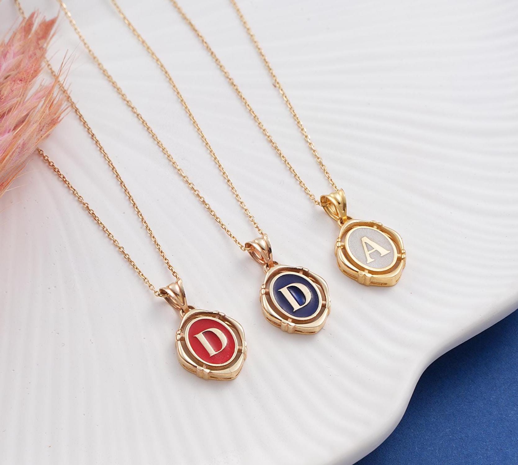 Personalized Pendant, 14K Solid Gold Letter Necklace, Handmade Vintage Pendant, Dainty initial Letter Necklace, White Emaye Pendant
