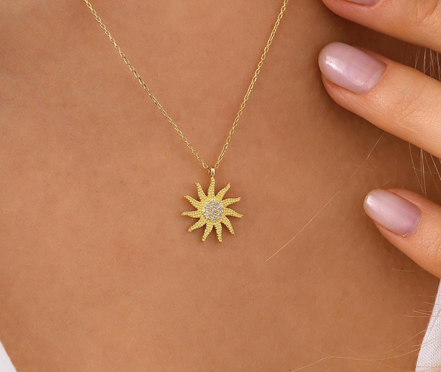 Dainty 14K Real Gold Sun Necklace, 10K Minimalist Celestial Pendant