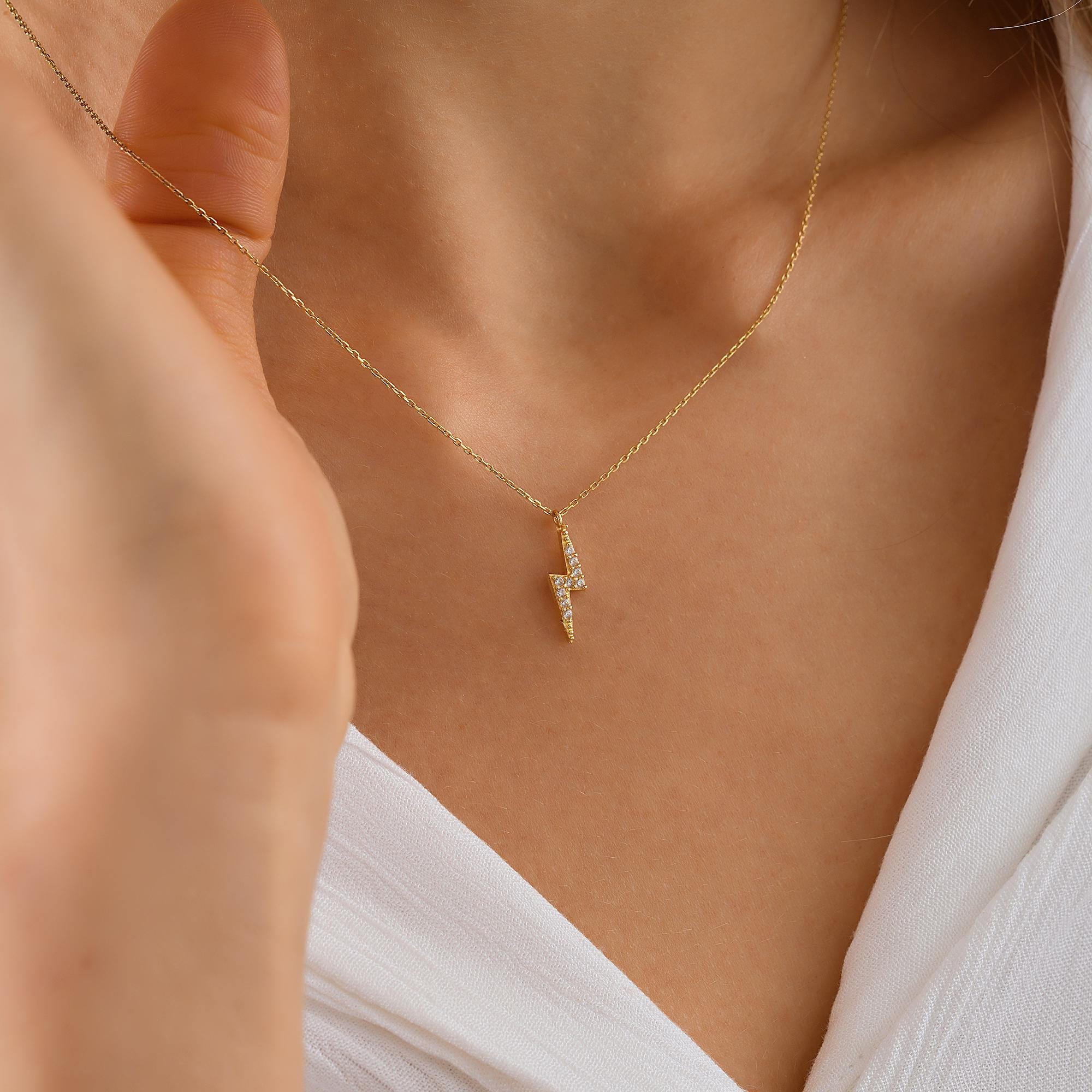 14K Gold Lightning Bolt Pendant, Handmade Celestial Necklace