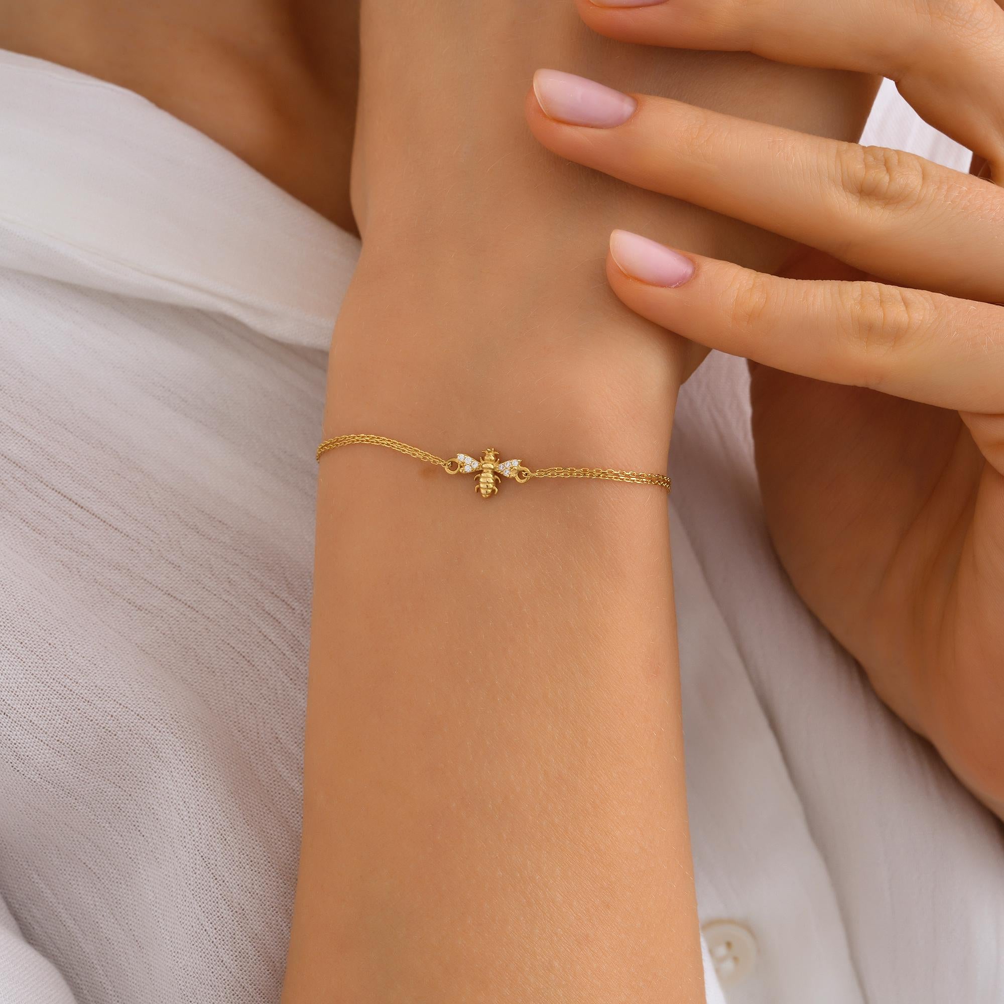 14K Solid Gold Bee Bracelet, Handmade Dainty 10K Jewelry