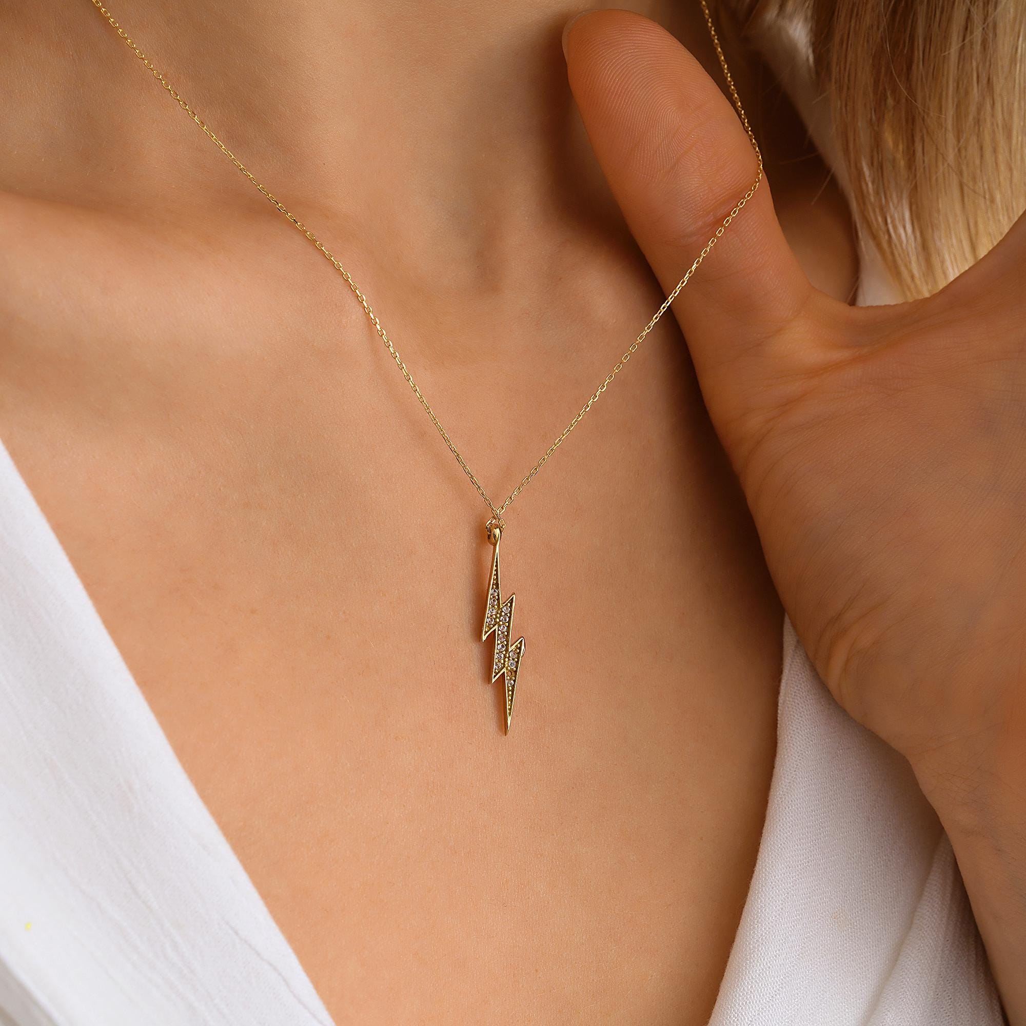 14K Gold Lightning Bolt Pendant, Handmade Celestial Necklace