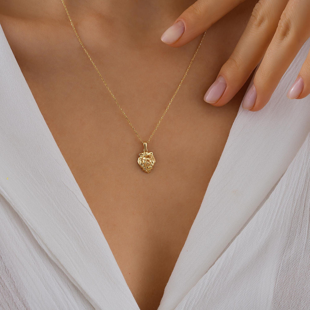Tiny Lion Head Necklace, Dainty initial Animal Pendant, 14K Solid Gold Lion Necklace, Yellow 14K Gold Lion Head Pendant, Birthday Gift