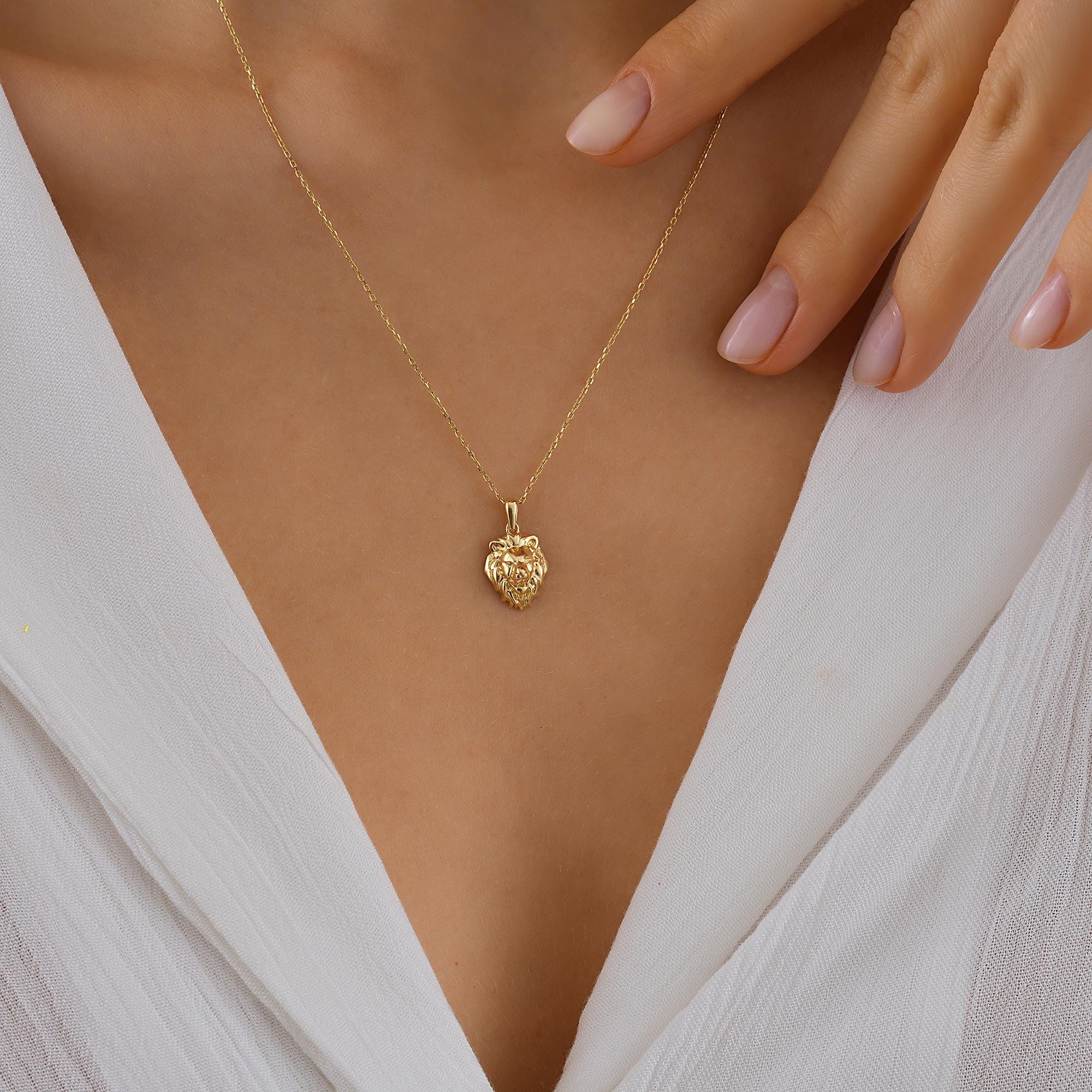 Tiny Lion Head Necklace, Dainty initial Animal Pendant, 14K Solid Gold Lion Necklace, Yellow 14K Gold Lion Head Pendant, Birthday Gift