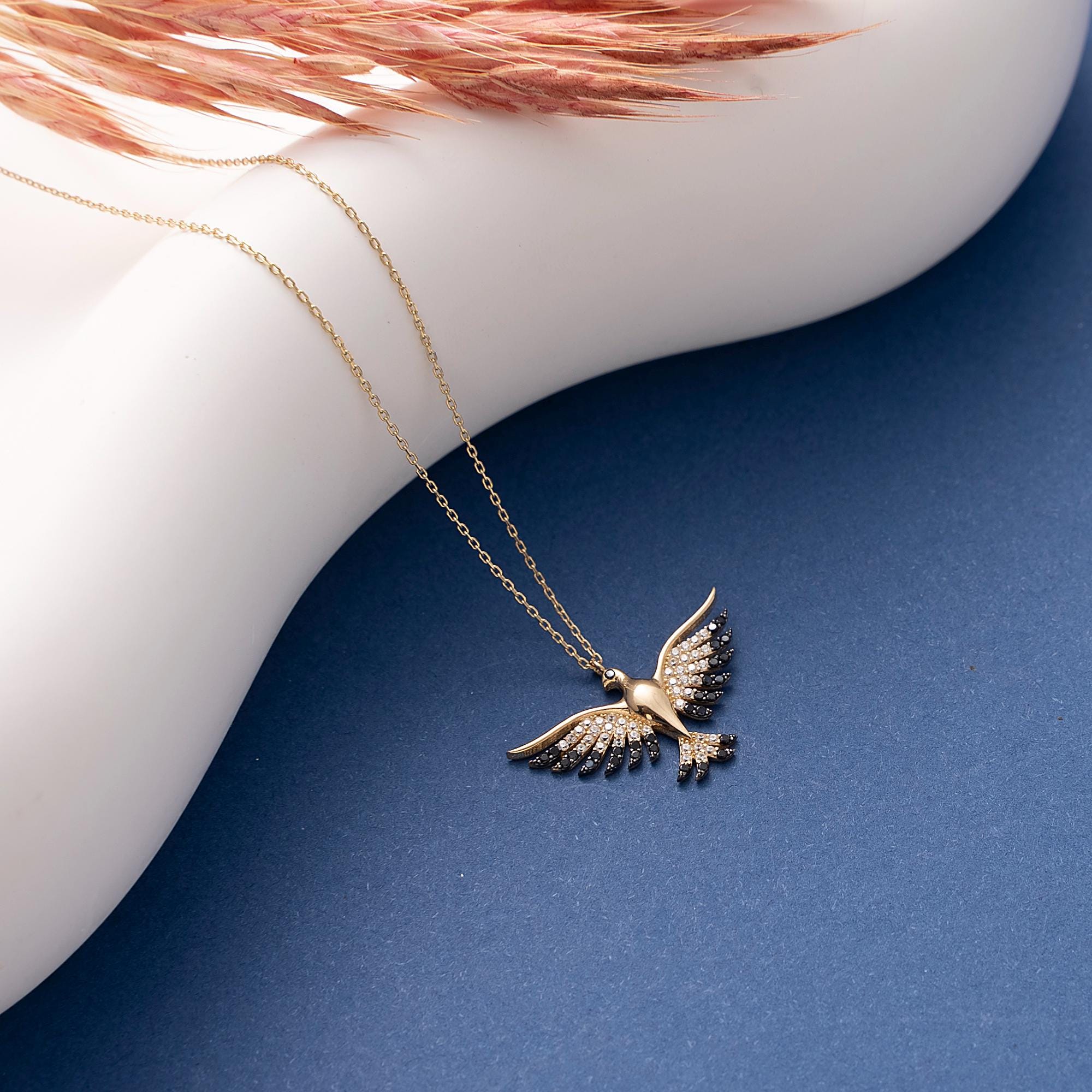10K Dainty Custom Phoenix Pendant, 14K Solid Gold Animal Necklace, Sparkly Phoenix Pendant