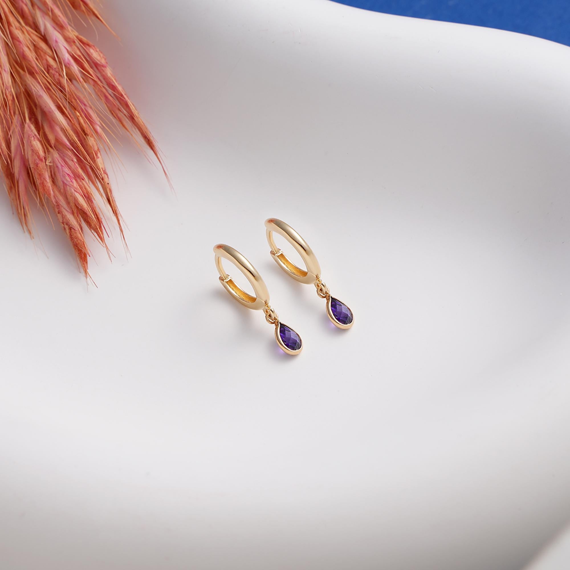 Dainty 14K Real Gold Amethyst Drop Earrings, 10K Minimalist Hoops Jewelry, Birthday Gift