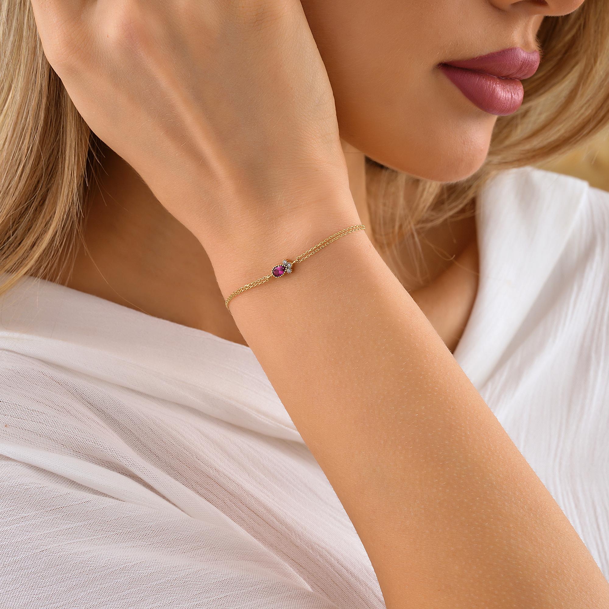Dainty 14K Solid Gold Ruby Bracelet, 10K Handmade Minimalist Design