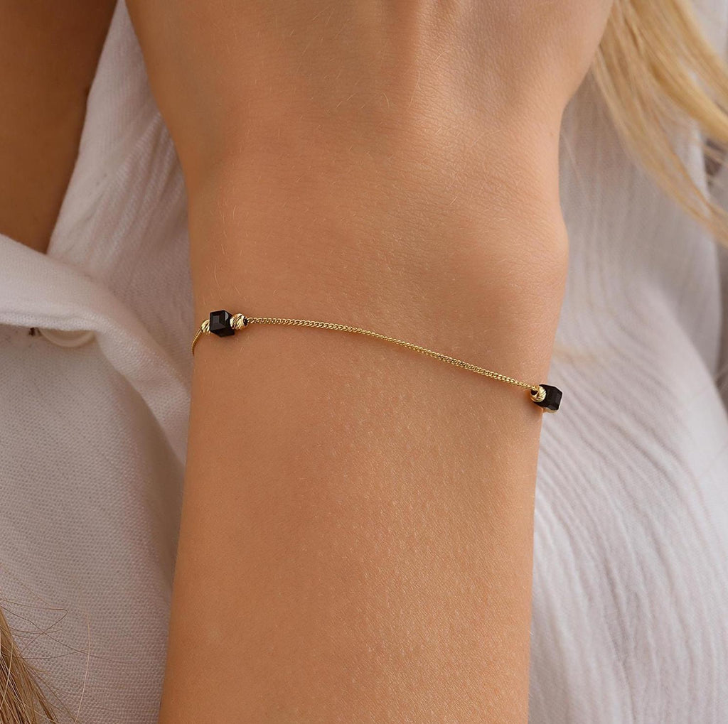 14K Solid Gold Onyx Ball Bracelet, Minimalist Beaded Chain, Birthday Gift