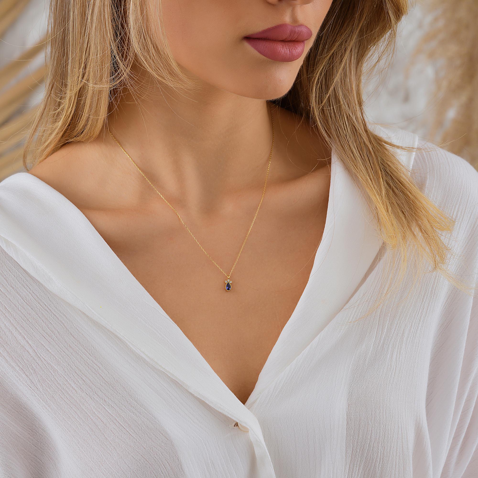 14K Real Gold Sapphire Necklace, Dainty Teardrop Pendant