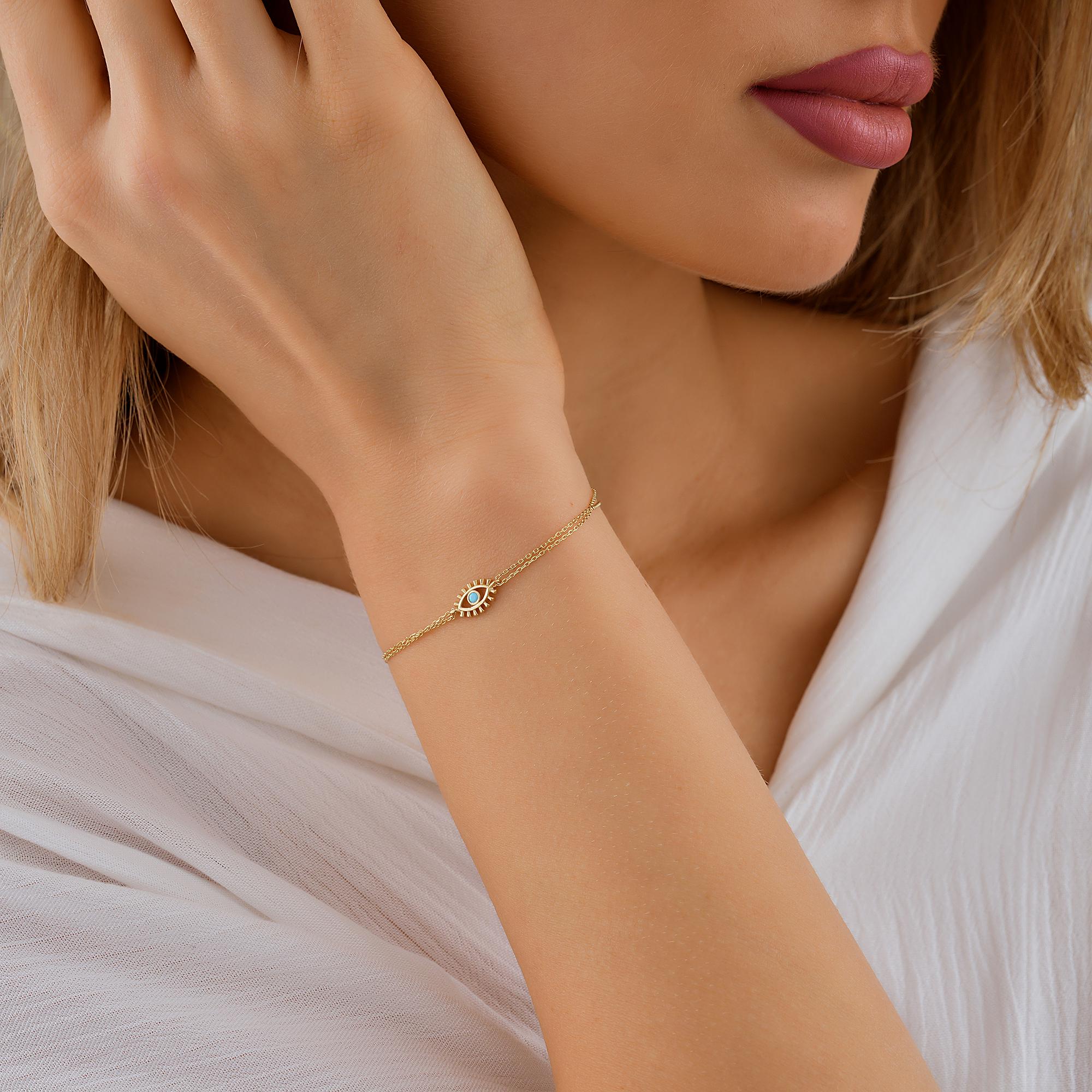 14K Real Gold Turquoise Evil Eye Bracelet, 10K Gold Minimalist Charm