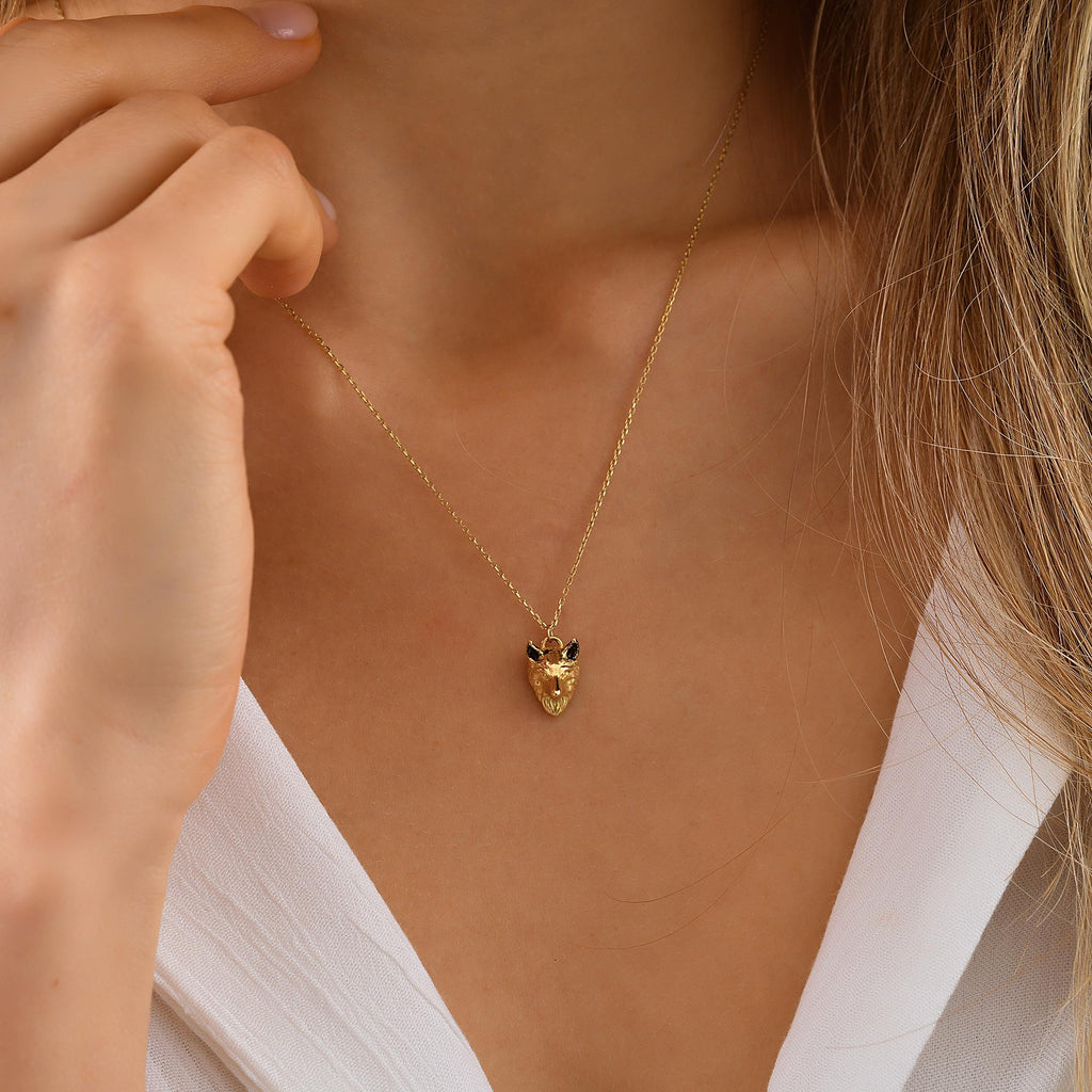 Mountain Wolf Necklace, Dainty initial Animal Pendant, 14K Solid Gold Wolf Head Necklace, 14K Gold Wild Wolf Head Pendant, Summer Jewelry
