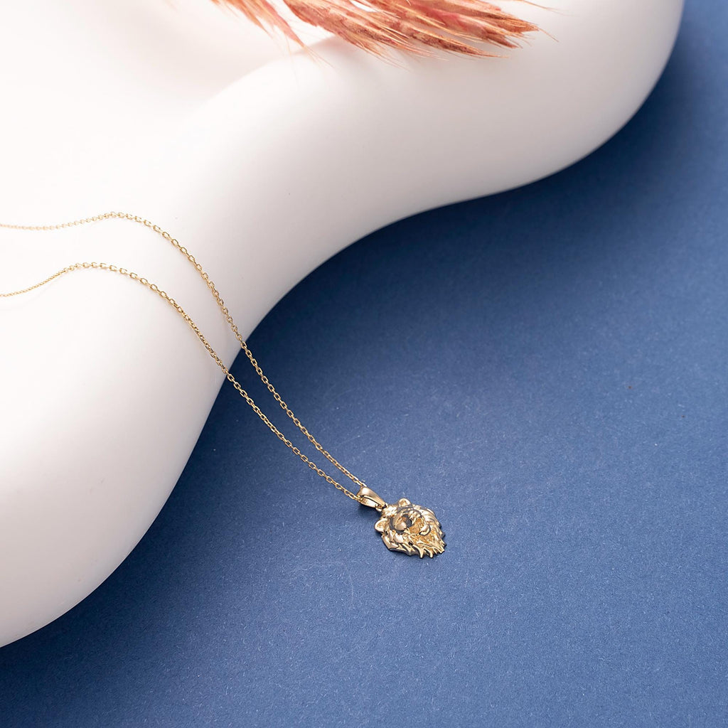 Tiny Lion Head Necklace, Dainty initial Animal Pendant, 14K Solid Gold Lion Necklace, Yellow 14K Gold Lion Head Pendant, Birthday Gift