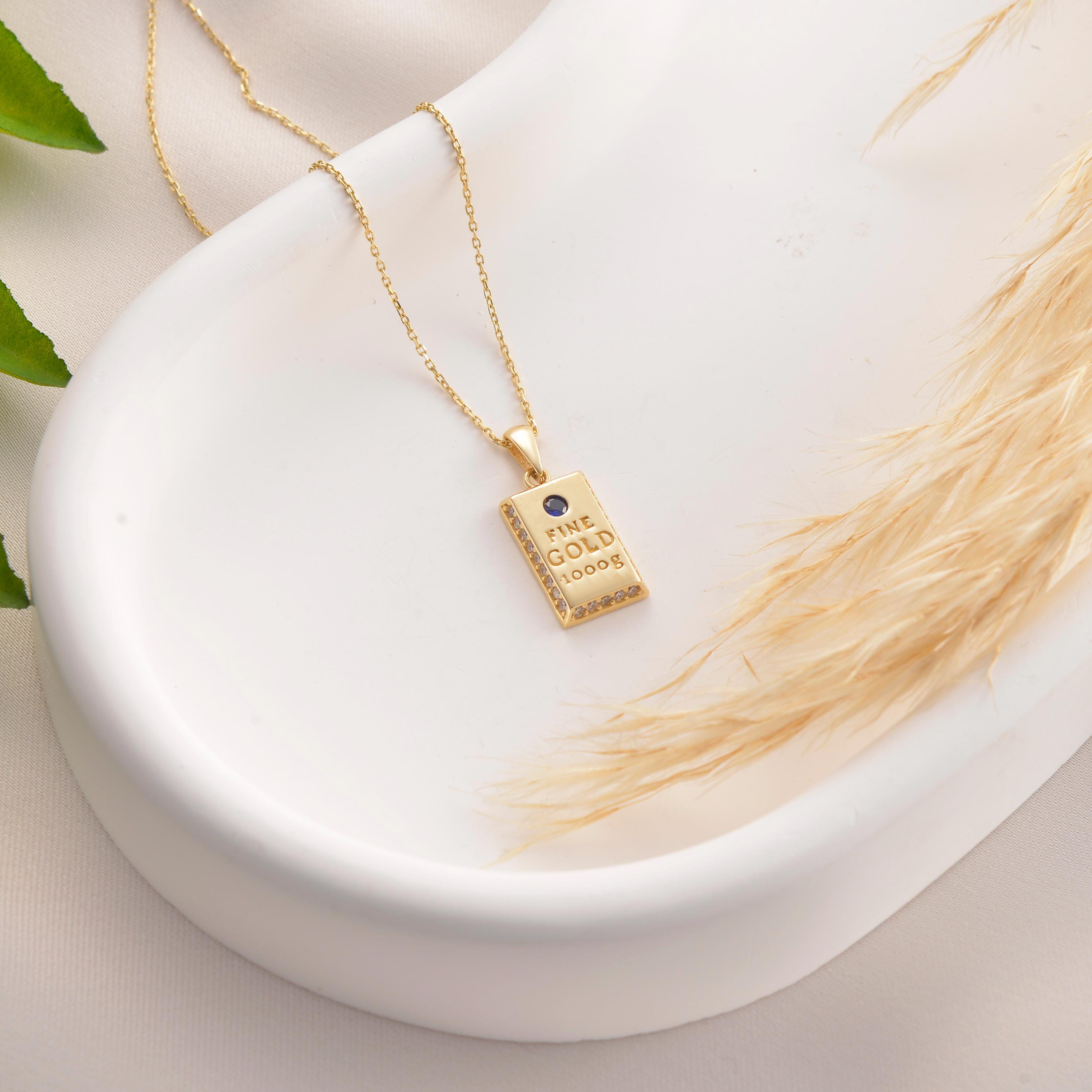 10K 14K Solid Gold Bullion Necklace, Dainty initial 995 Gold Charm Jewelry, Minimalist Sparkly Pure Gold Pendant