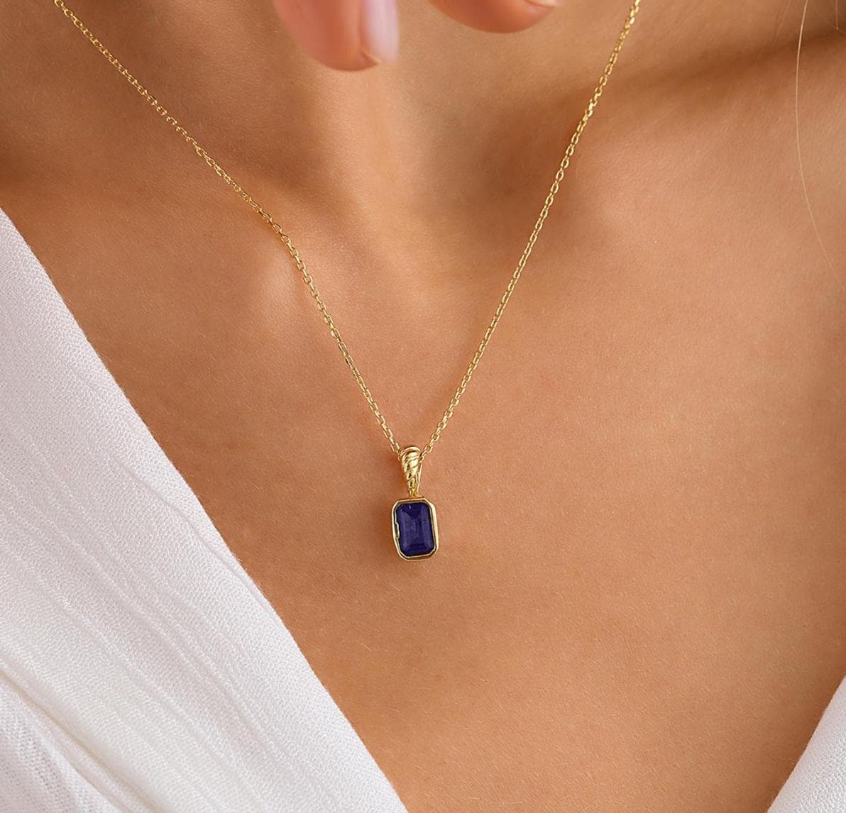 10K 14K Gold Sapphire Pendant, Minimalist Sapphire Necklace, Birthday Gift