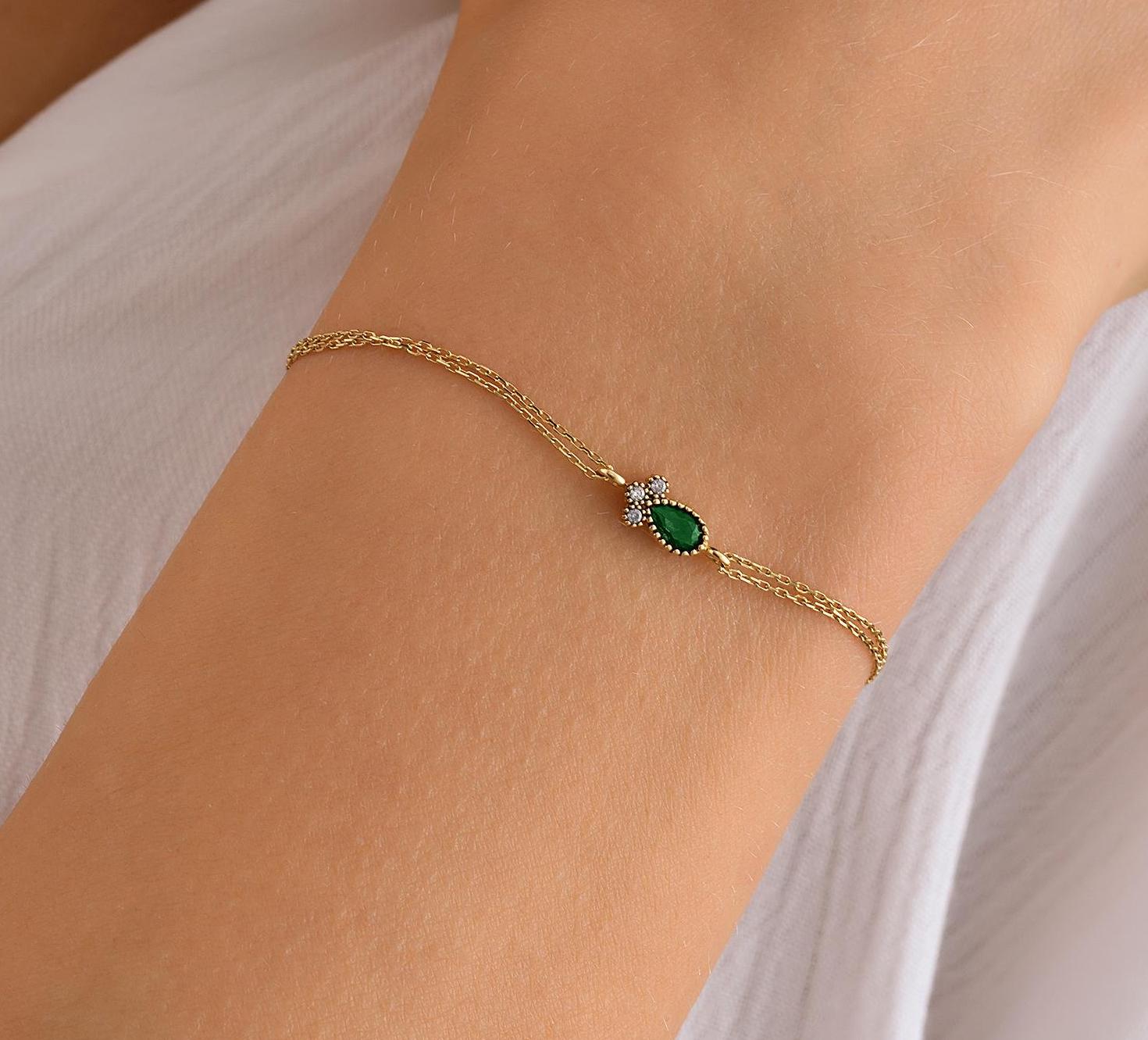10K Tiny Emerald Bracelet, Dainty 14K Gold Emerald Bracelet, Sparkly initial Paw Jewelry