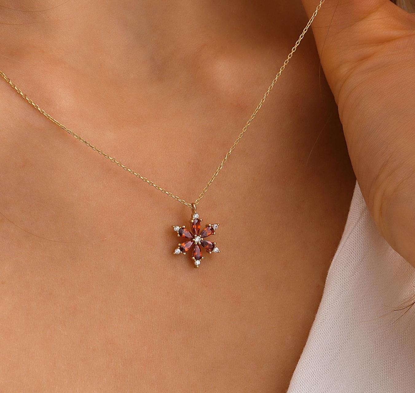 14K Solid Gold Ruby Flower Pendant Necklace, 10K Dainty Initial Jewelry