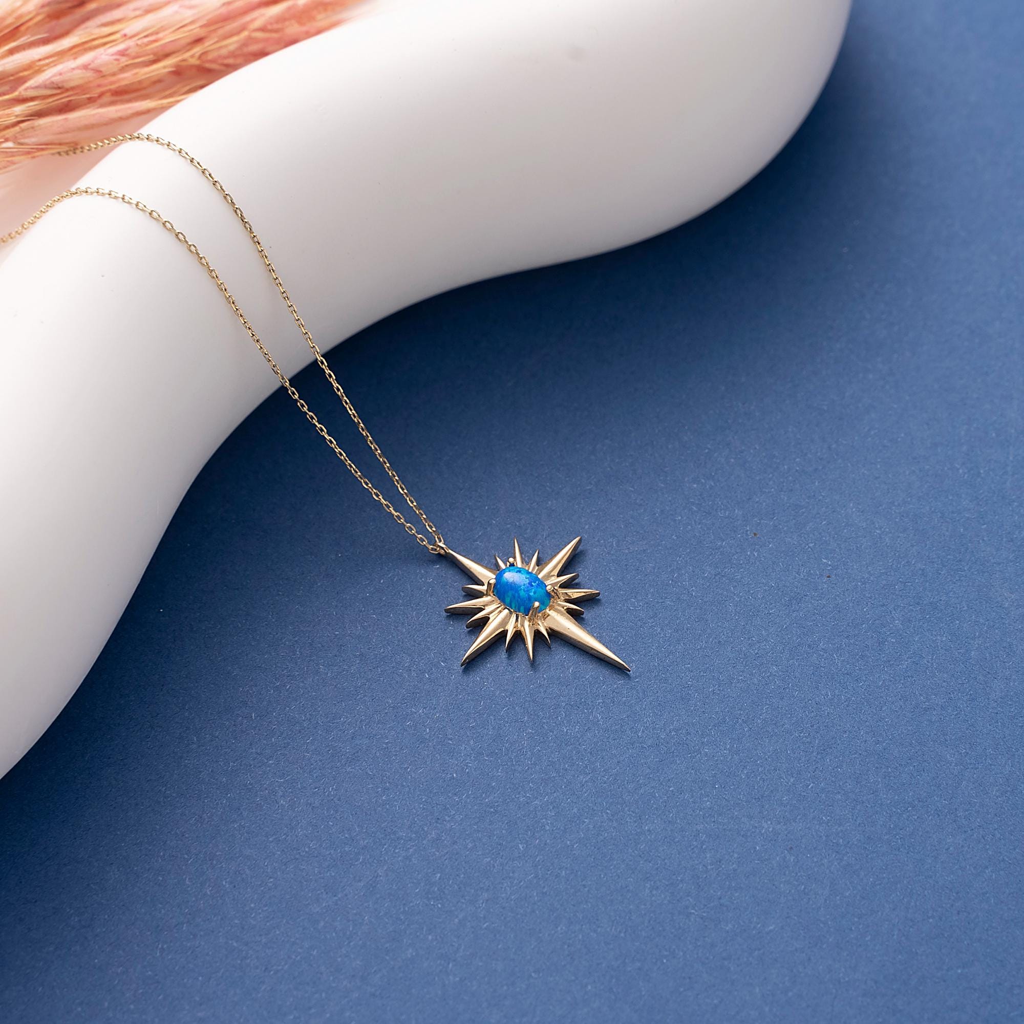 10K 14K Solid Gold Opal North Star Necklace, Handmade Celestial Pendant