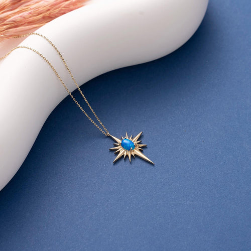 10K 14K Solid Gold Opal North Star Necklace, Handmade Celestial Pendant
