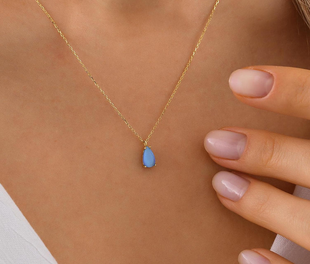 10K 14K Solid Gold Aquamarine Pendant Necklace, Dainty Triangle Charm Jewelry