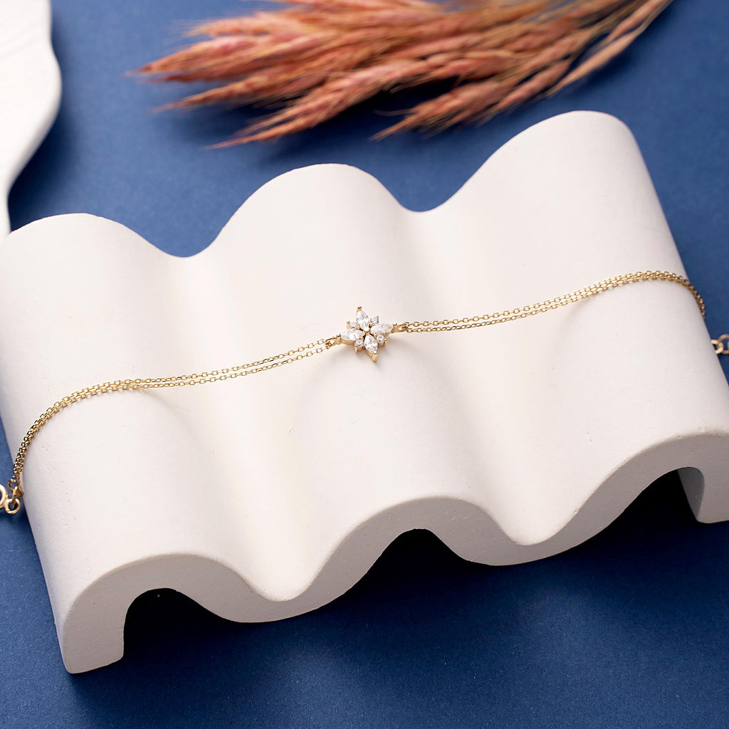14K Solid Gold Flower Bracelet, Dainty Floral Design, 10K Minimalist Bracelet