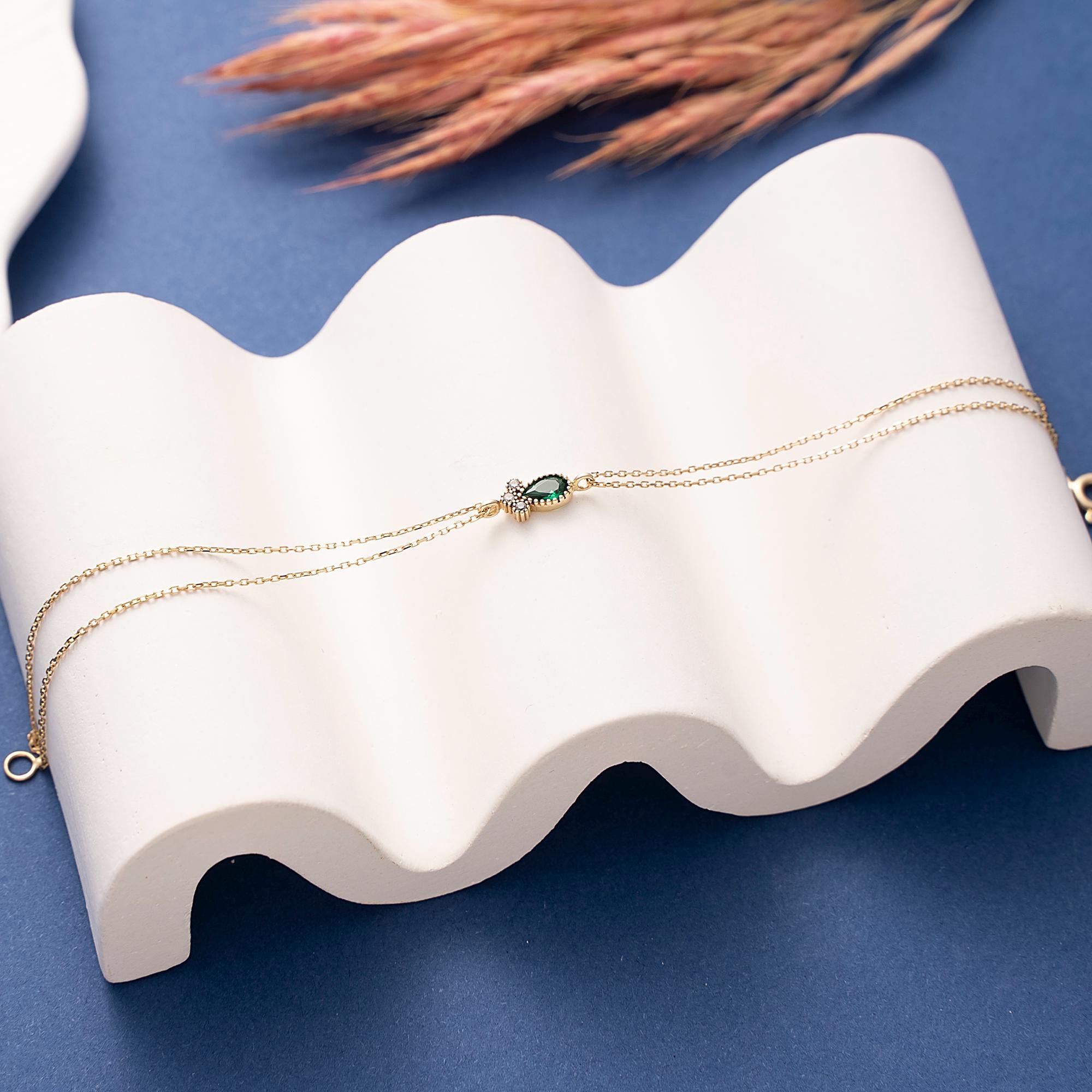 10K Tiny Emerald Bracelet, Dainty 14K Gold Emerald Bracelet, Sparkly initial Paw Jewelry