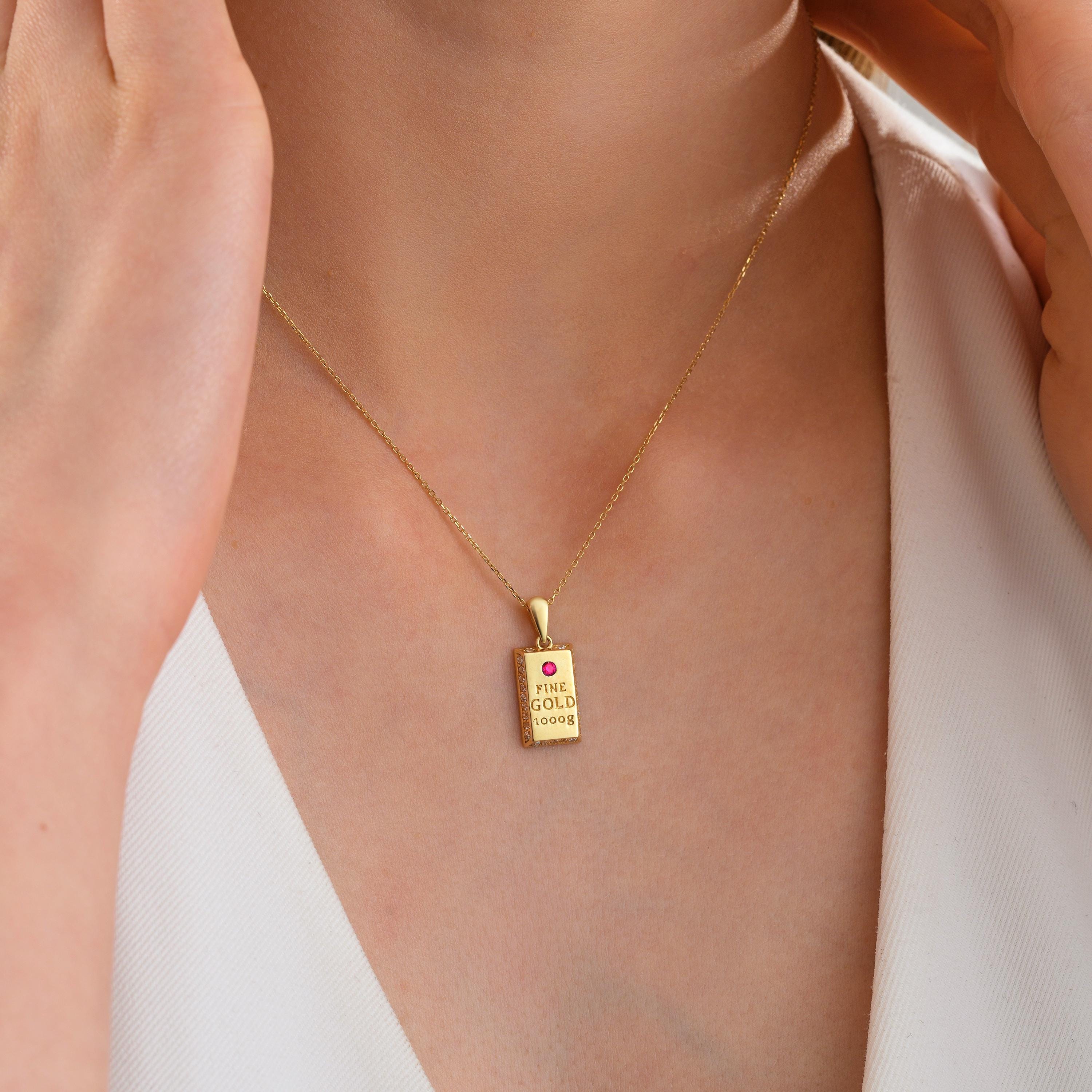 10K 14K Solid Gold Bullion Necklace, Dainty initial 995 Gold Charm Jewelry, Minimalist Sparkly Pure Gold Pendant