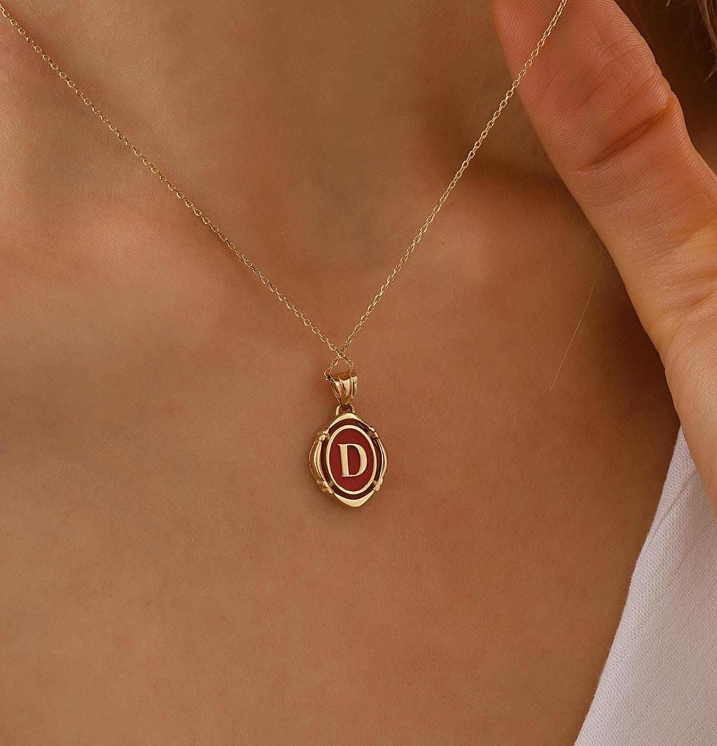 Personalized Pendant, 14K Real Gold Letter Necklace, Minimalist Vintage Pendant, Dainty Custom Ruby Letter Necklace, Handmade Letter Pendant