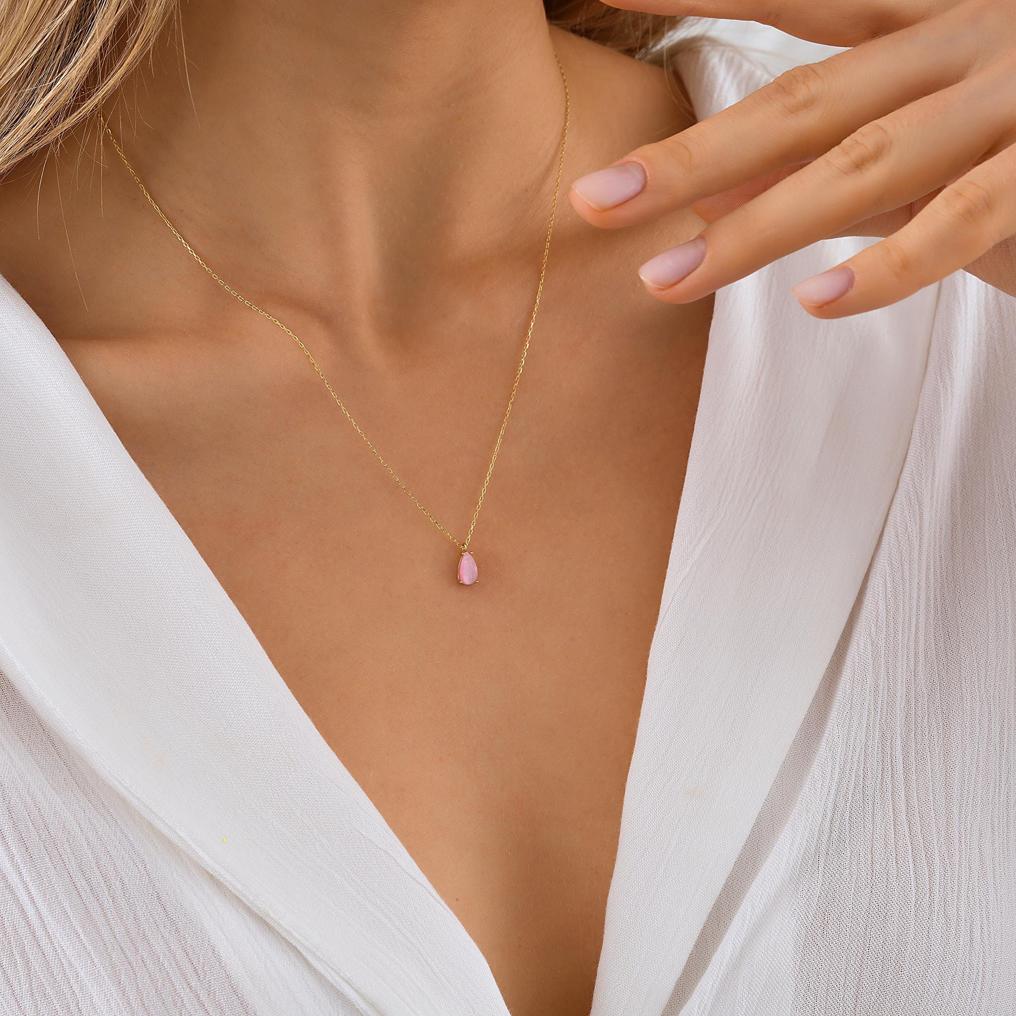 Dainty 10K 14K Solid Gold Morganite Necklace, Minimalist Pendant