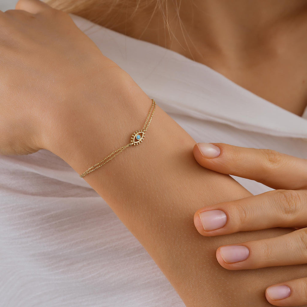 14K Real Gold Turquoise Evil Eye Bracelet, 10K Gold Minimalist Charm