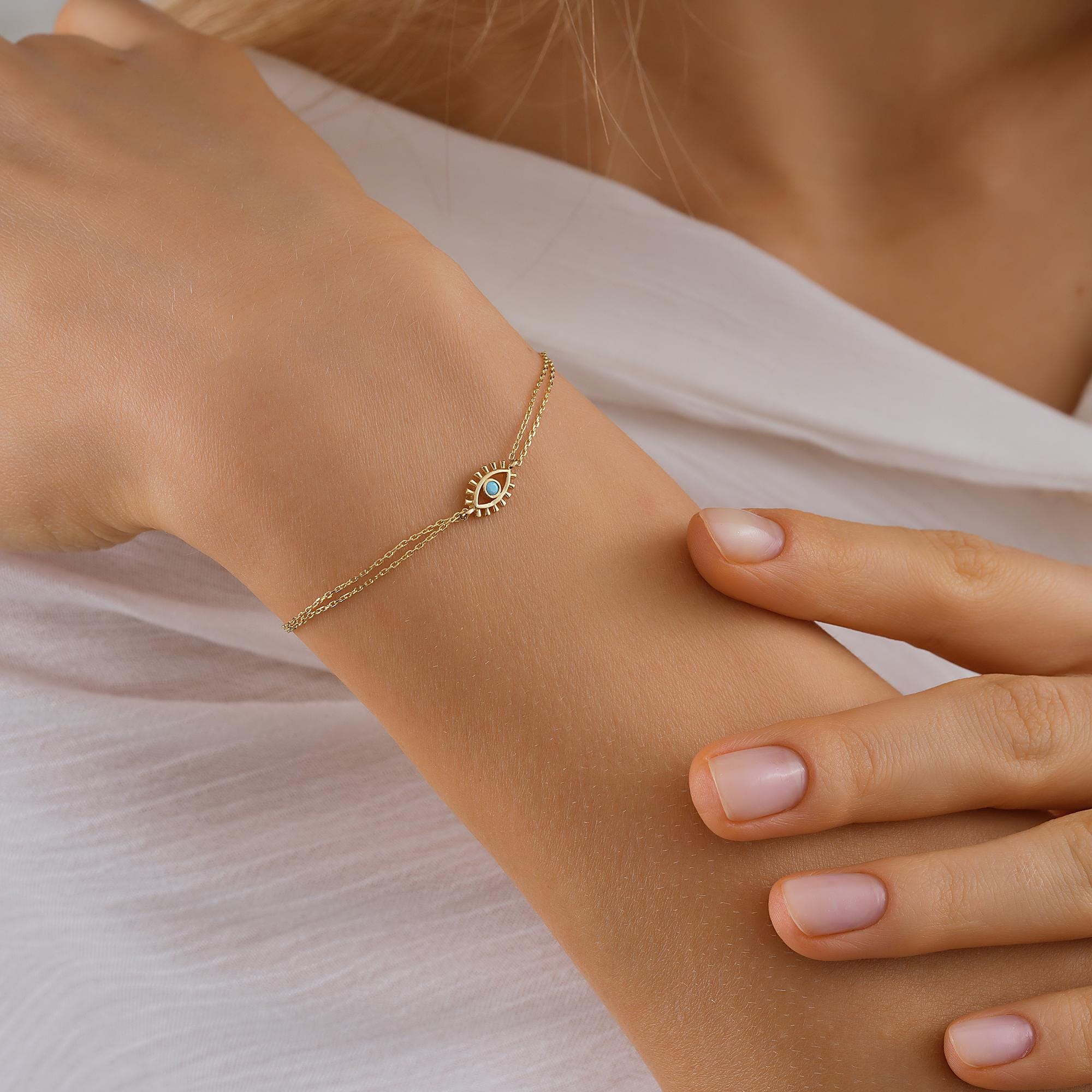 14K Real Gold Turquoise Evil Eye Bracelet, 10K Gold Minimalist Charm