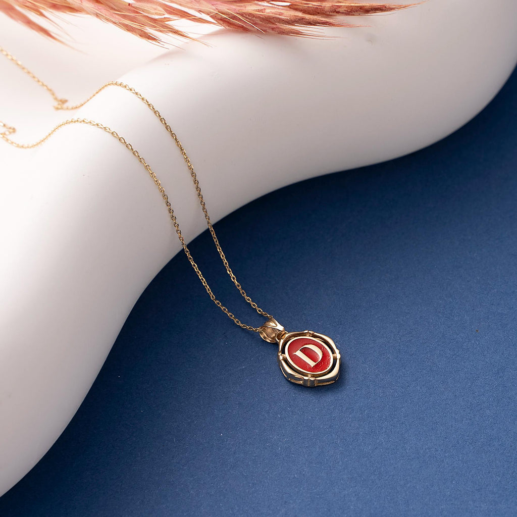 Personalized Pendant, 14K Real Gold Letter Necklace, Minimalist Vintage Pendant, Dainty Custom Ruby Letter Necklace, Handmade Letter Pendant